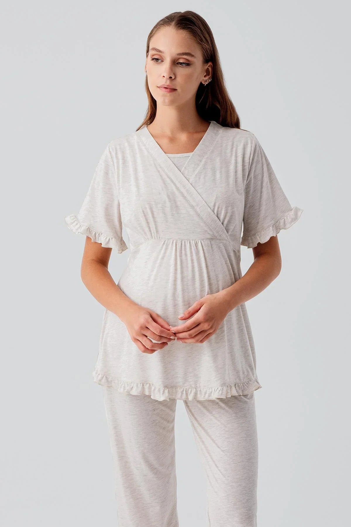 Kısa Kollu Emzirme Bölmeli Ayarlanabilir Bel Pamuklu Hamile Pijama Takım 19218 - Artış Collection