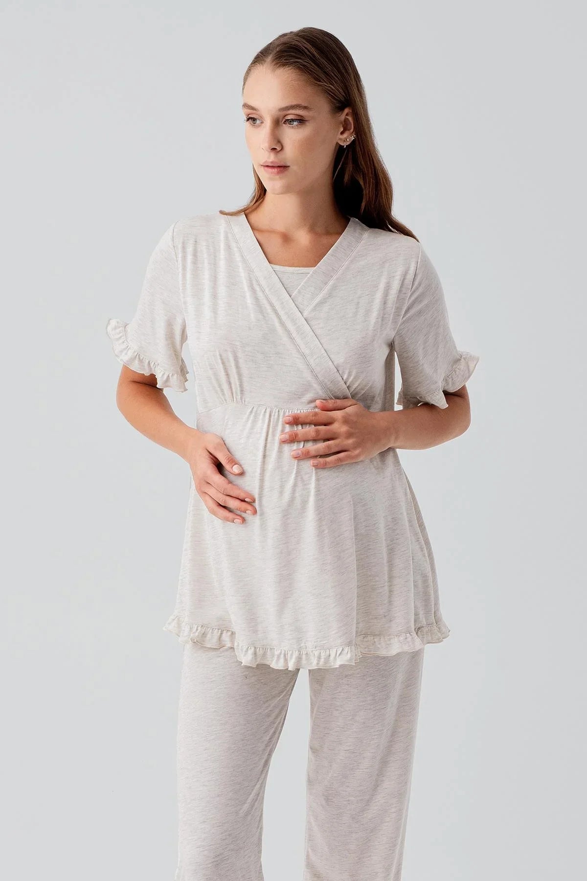 Kısa Kollu Emzirme Bölmeli Ayarlanabilir Bel Pamuklu Hamile Pijama Takım 19218 - Artış Collection