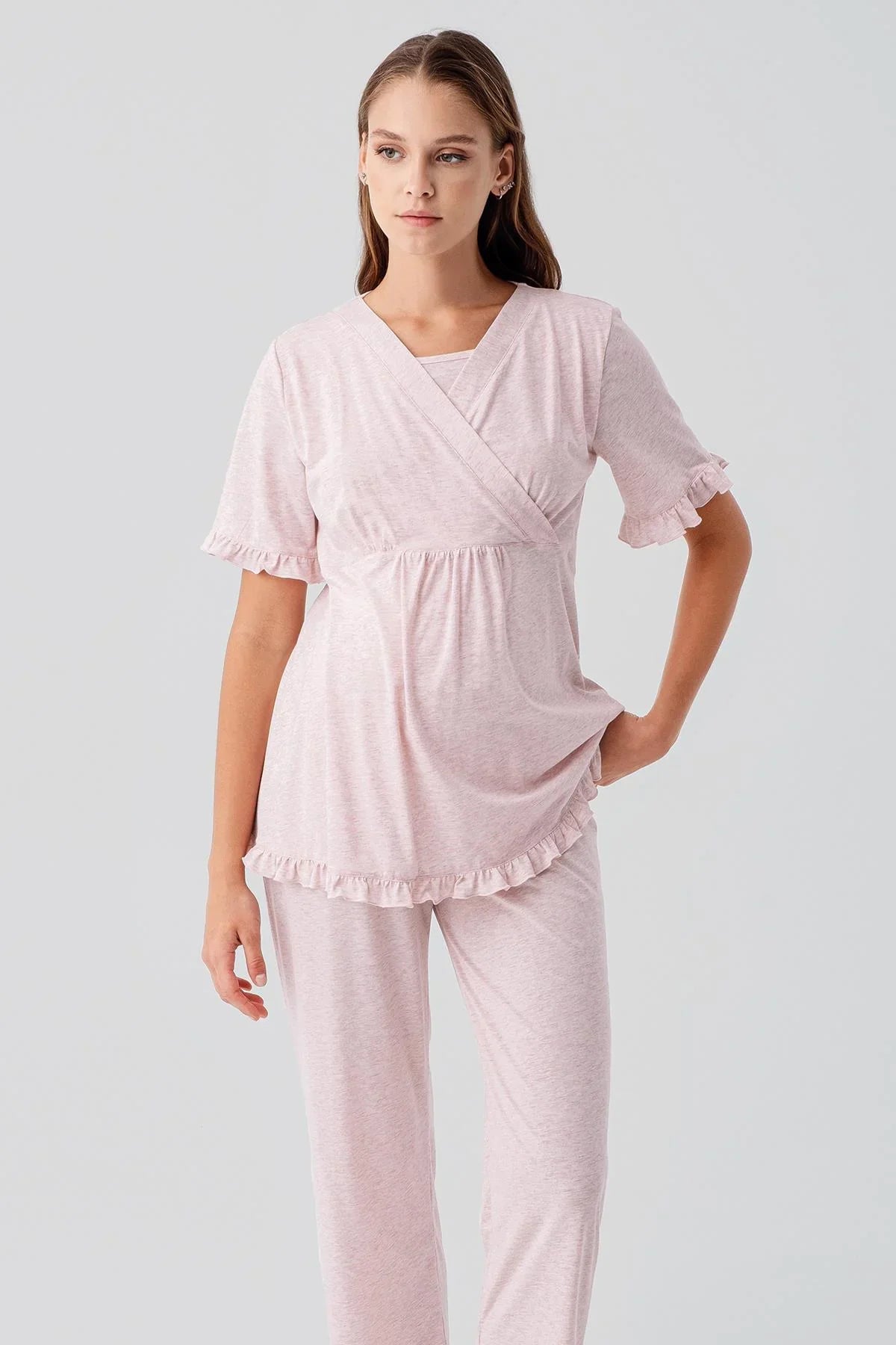 Kısa Kollu Emzirme Bölmeli Ayarlanabilir Bel Pamuklu Hamile Pijama Takım 19218 - Artış Collection