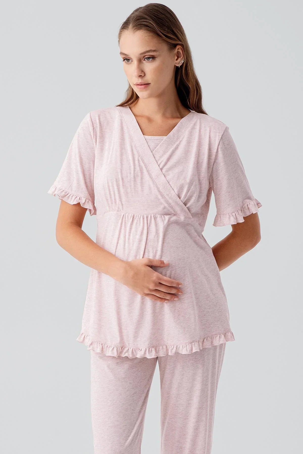 Kısa Kollu Emzirme Bölmeli Ayarlanabilir Bel Pamuklu Hamile Pijama Takım 19218 - Artış Collection