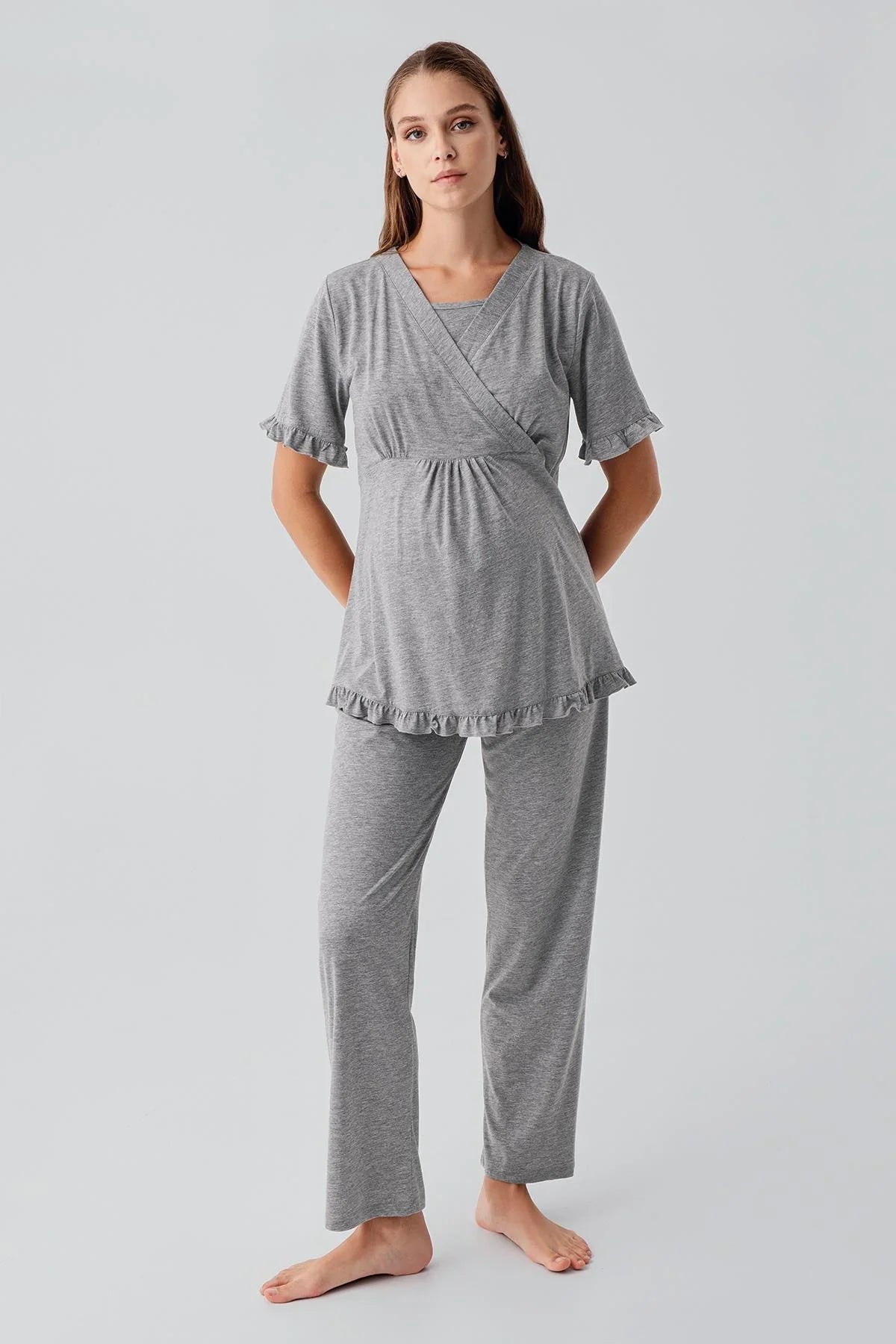 Kısa Kollu Emzirme Bölmeli Ayarlanabilir Bel Pamuklu Hamile Pijama Takım 19218 - Artış Collection