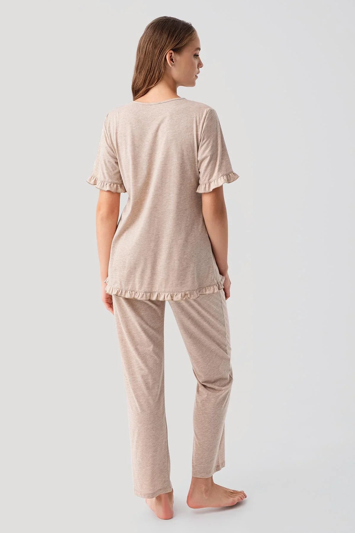 Kısa Kollu Emzirme Bölmeli Ayarlanabilir Bel Pamuklu Hamile Pijama Takım 19218 - Artış Collection