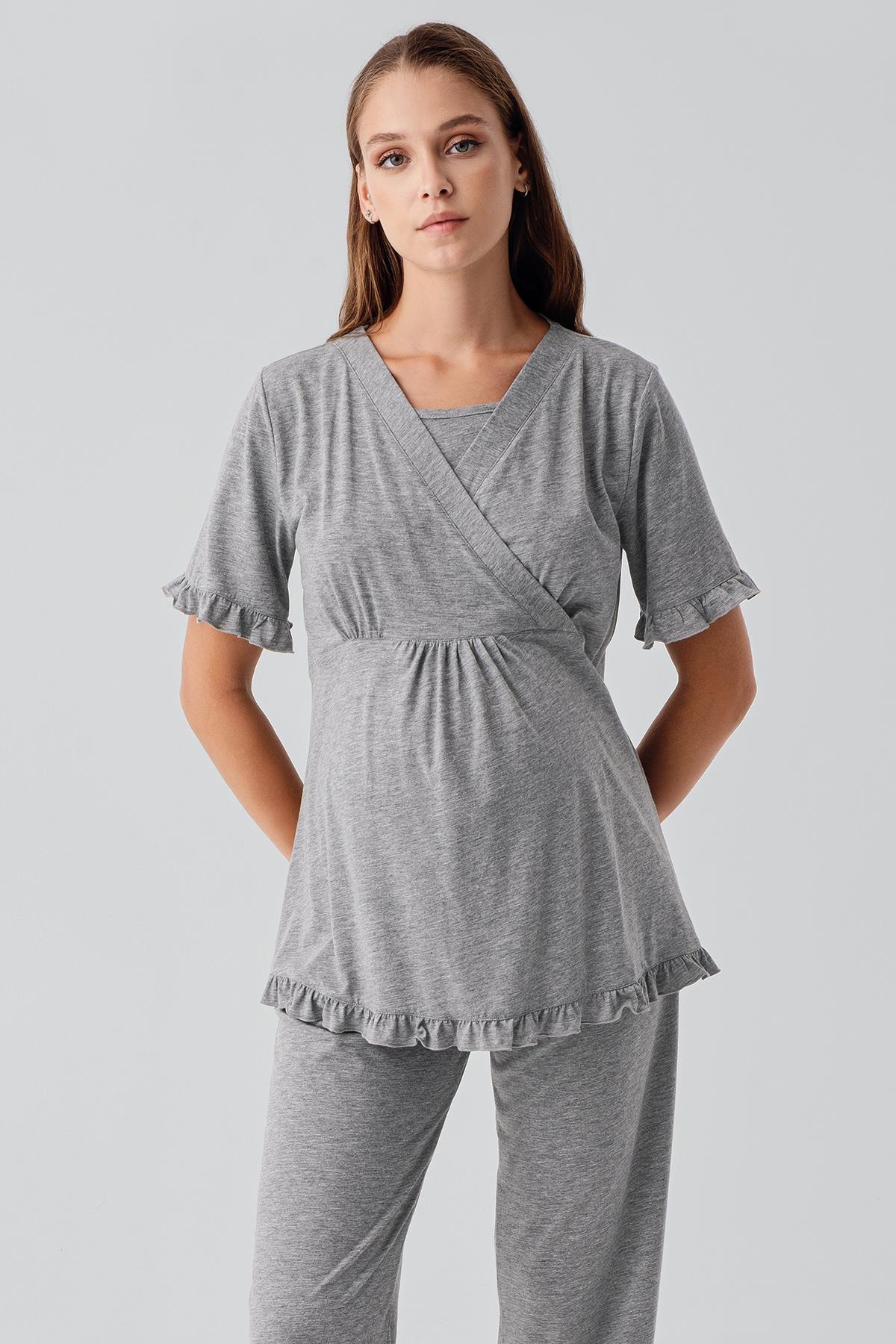 Kısa Kollu Emzirme Bölmeli Ayarlanabilir Bel Pamuklu Hamile Pijama Takım 19218 - Artış Collection