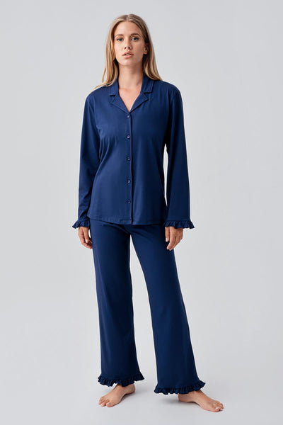 Long Sleeve Buttoned Flexible Cotton Pajama Set 18203
