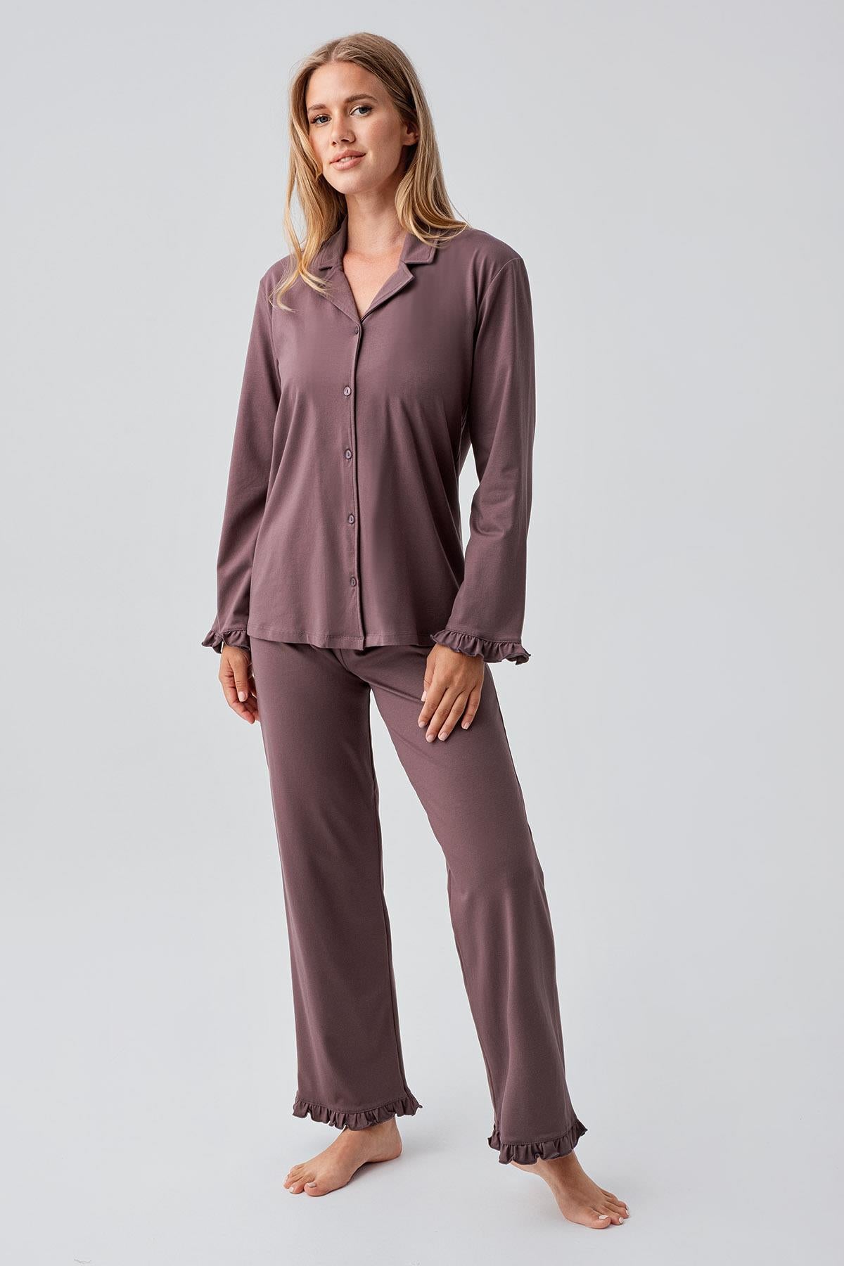 Long Sleeve Buttoned Flexible Cotton Pajama Set 18203