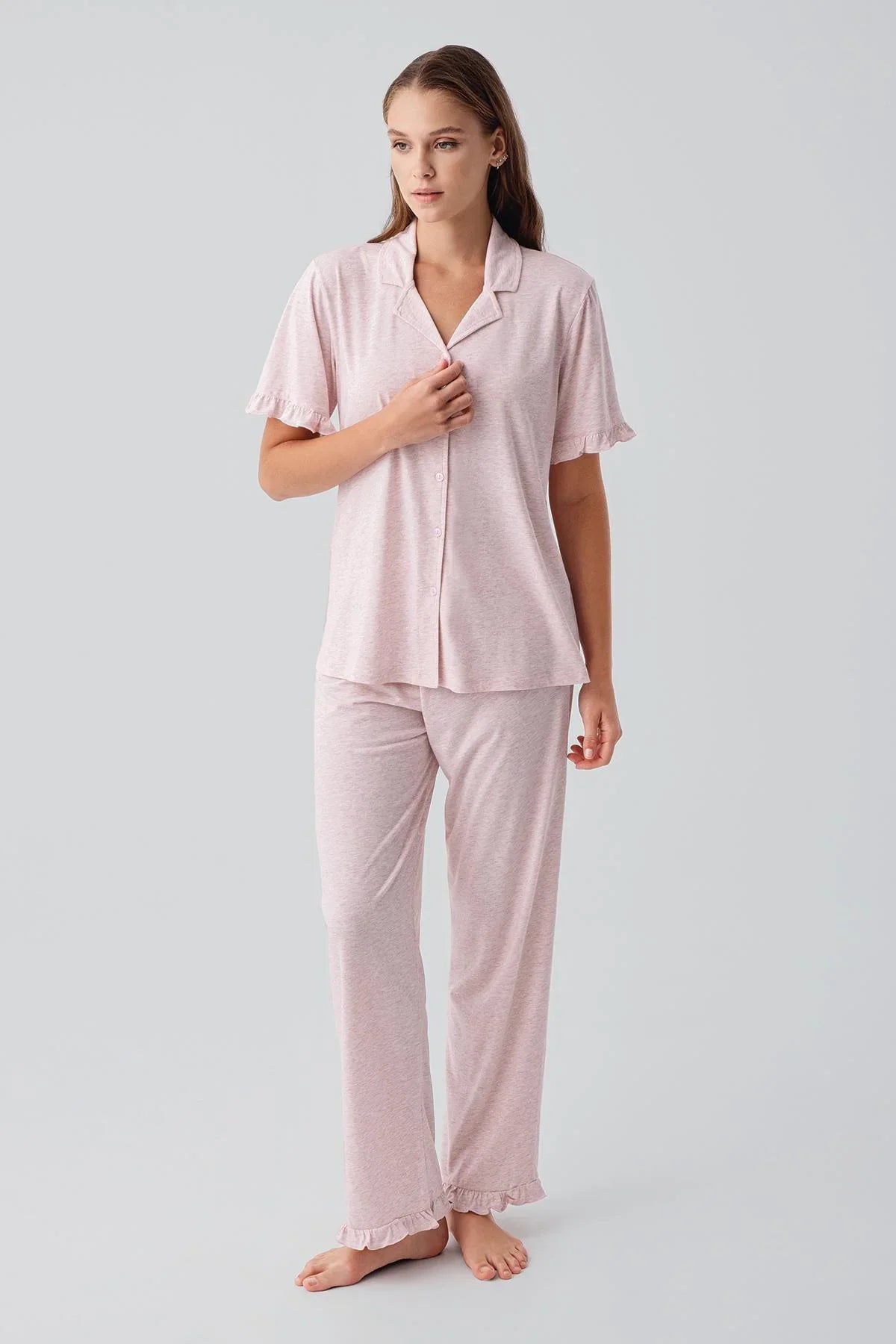 Kısa Kollu Düğmeli Fırfırlı Pamuklu Pijama Takım 19219 - Artış Collection