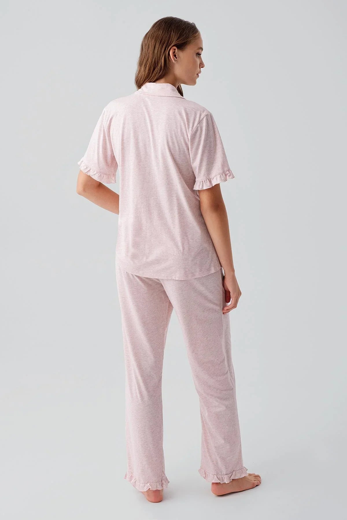 Kısa Kollu Düğmeli Fırfırlı Pamuklu Pijama Takım 19219 - Artış Collection