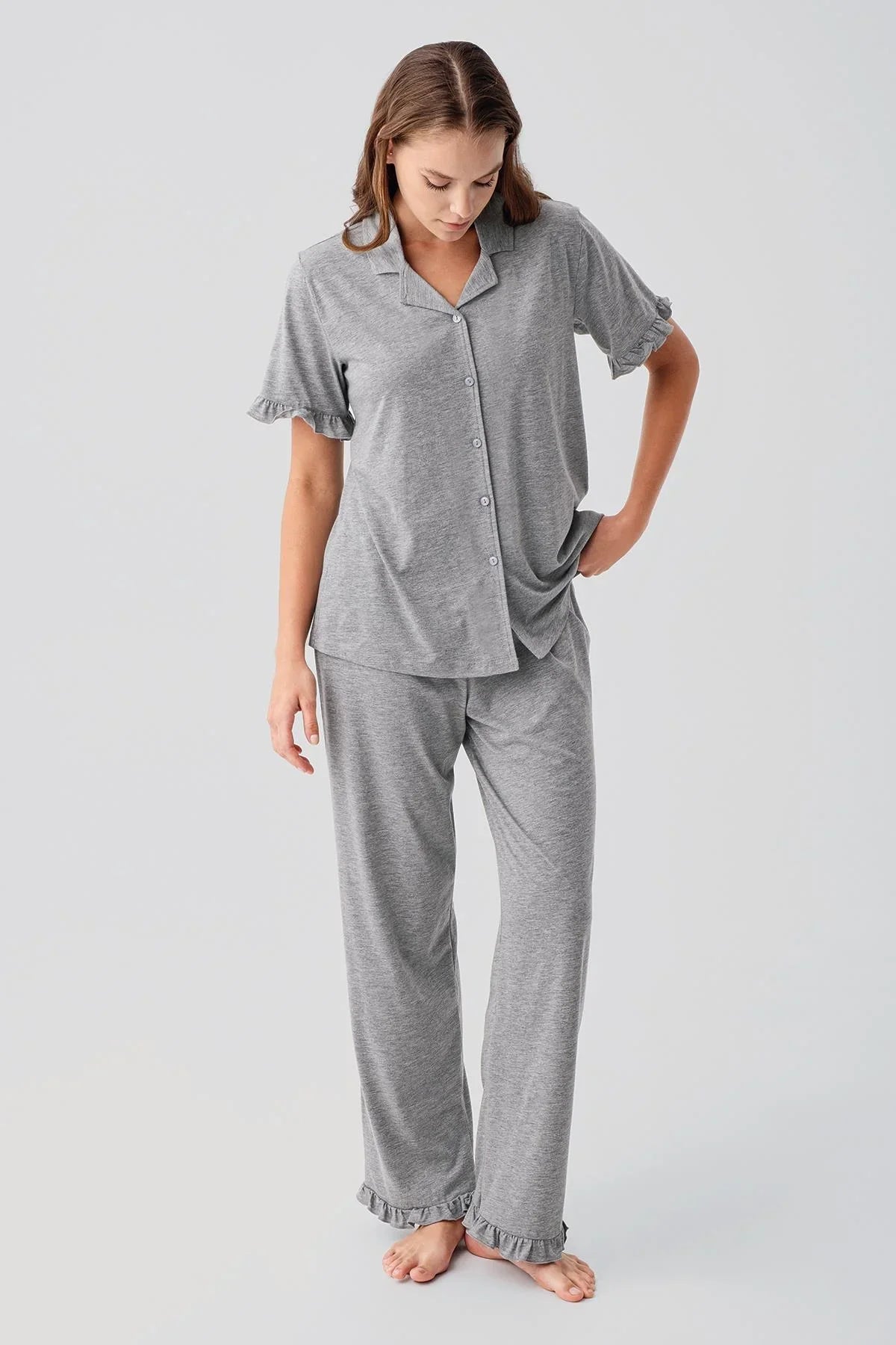 Kısa Kollu Düğmeli Fırfırlı Pamuklu Pijama Takım 19219 - Artış Collection