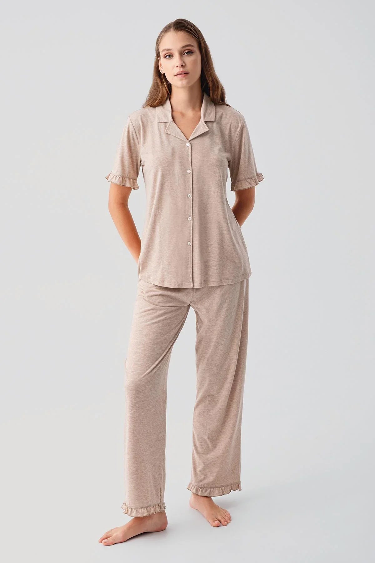 Kısa Kollu Düğmeli Fırfırlı Pamuklu Pijama Takım 19219 - Artış Collection