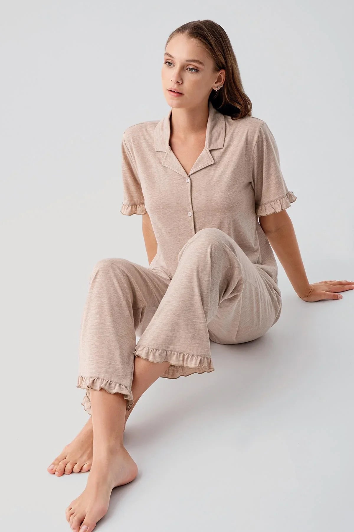 Kısa Kollu Düğmeli Fırfırlı Pamuklu Pijama Takım 19219 - Artış Collection