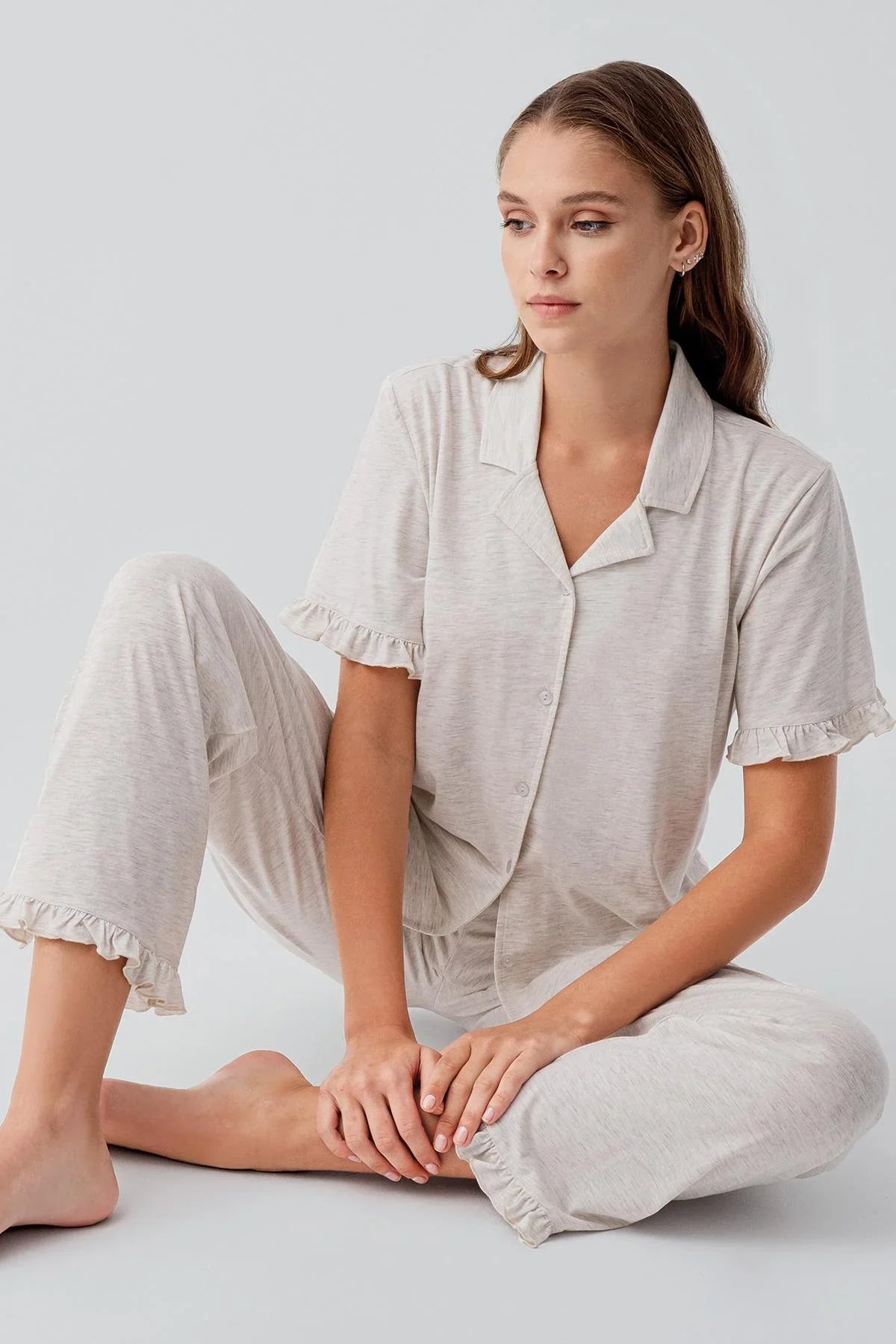 Kısa Kollu Düğmeli Fırfırlı Pamuklu Pijama Takım 19219 - Artış Collection