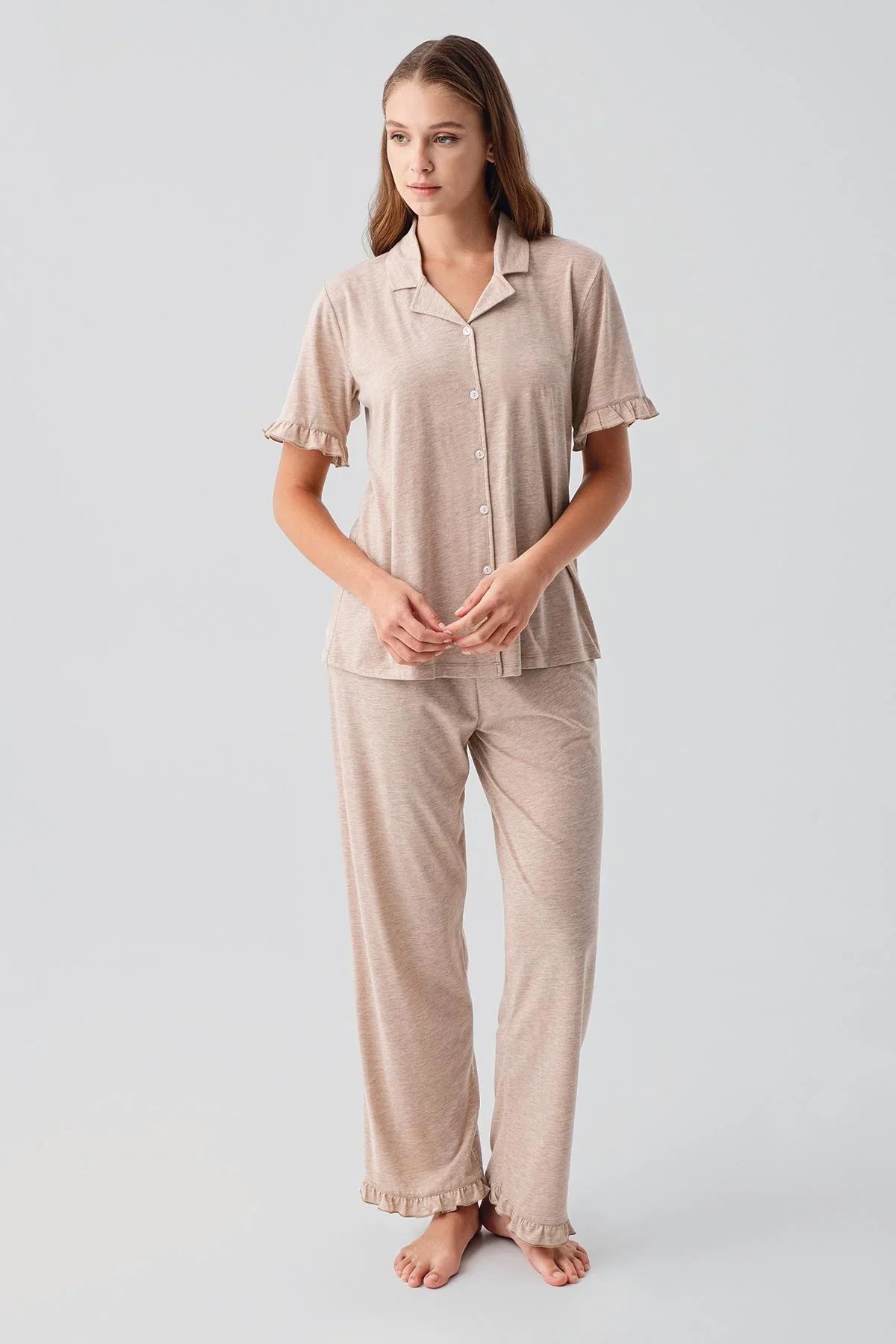 Kısa Kollu Düğmeli Fırfırlı Pamuklu Pijama Takım 19219 - Artış Collection