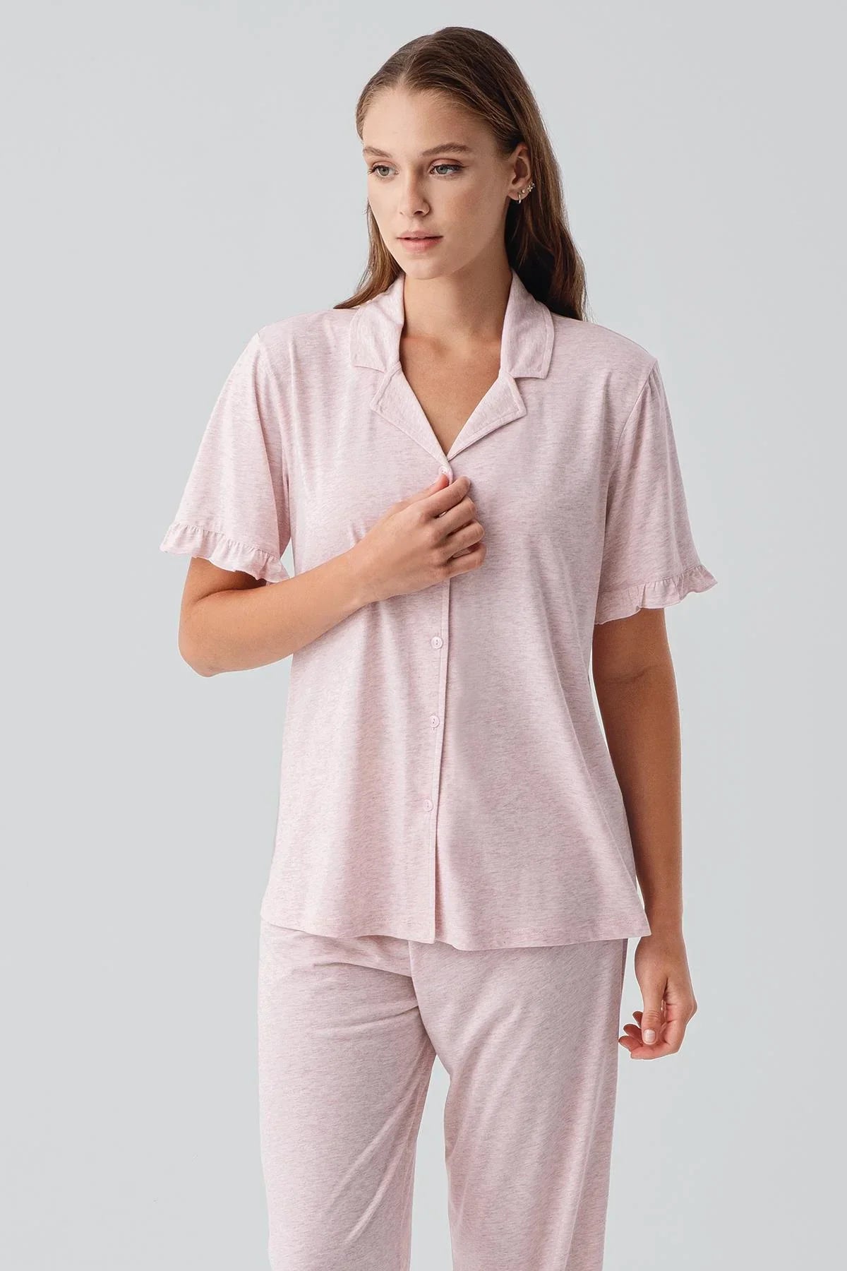 Kısa Kollu Düğmeli Fırfırlı Pamuklu Pijama Takım 19219 - Artış Collection