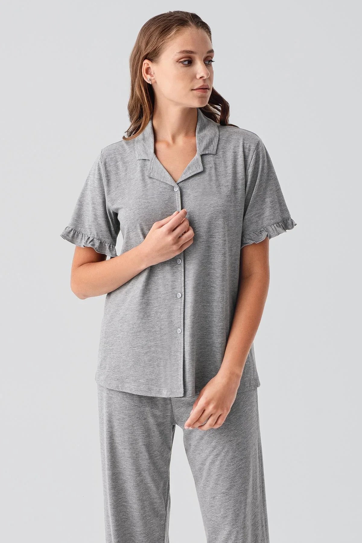 Kısa Kollu Düğmeli Fırfırlı Pamuklu Pijama Takım 19219 - Artış Collection