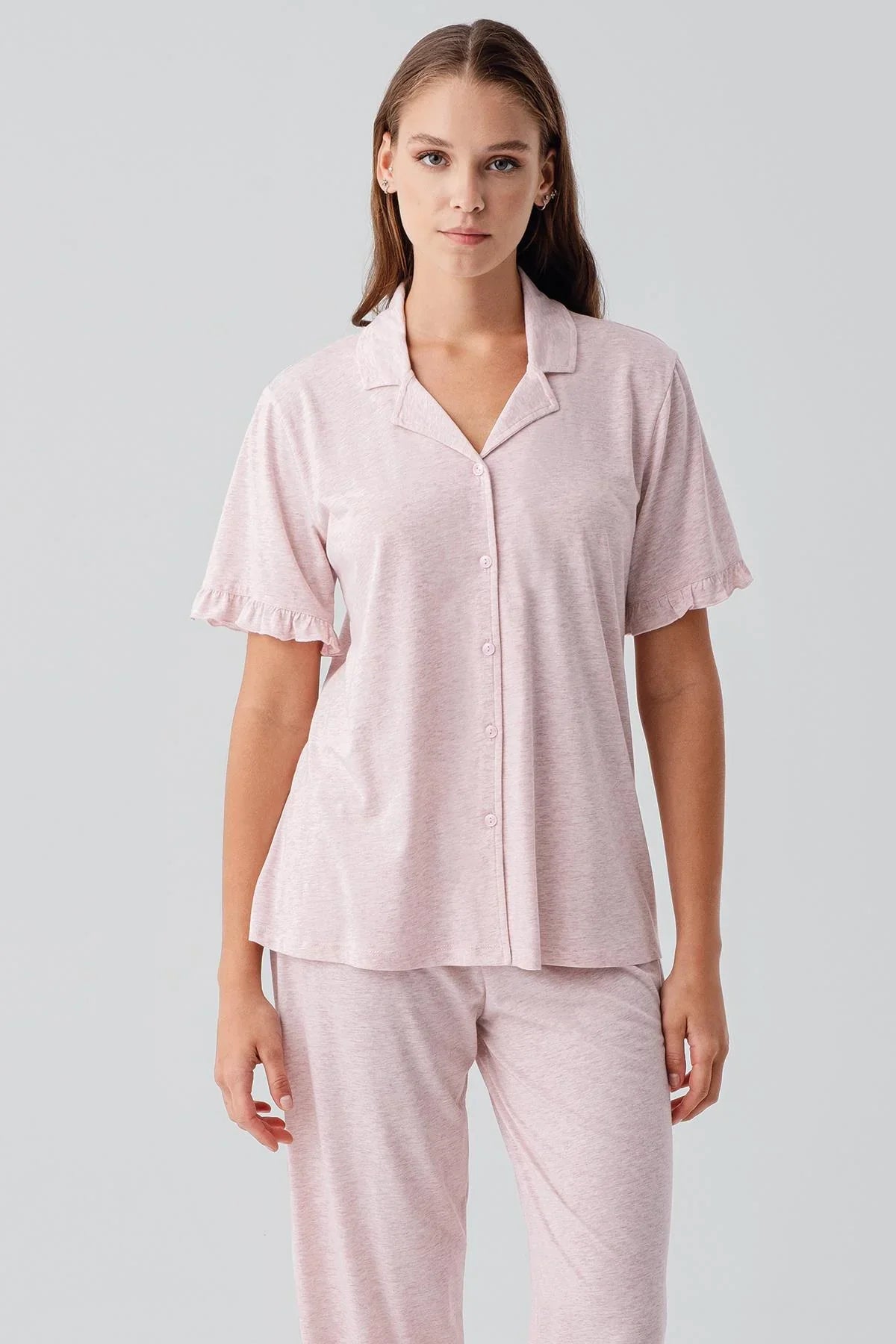 Kısa Kollu Düğmeli Fırfırlı Pamuklu Pijama Takım 19219 - Artış Collection