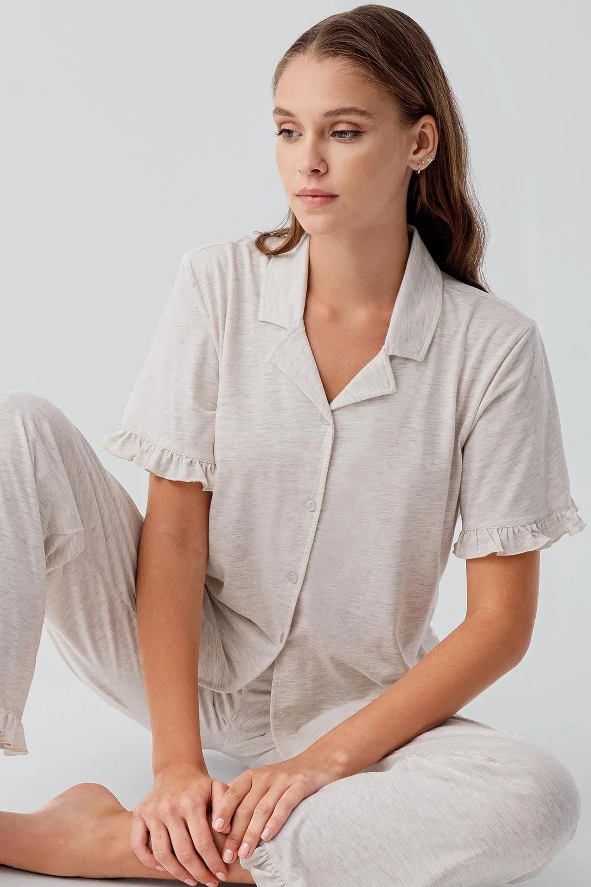 Kısa Kollu Düğmeli Fırfırlı Pamuklu Pijama Takım 19219 - Artış Collection