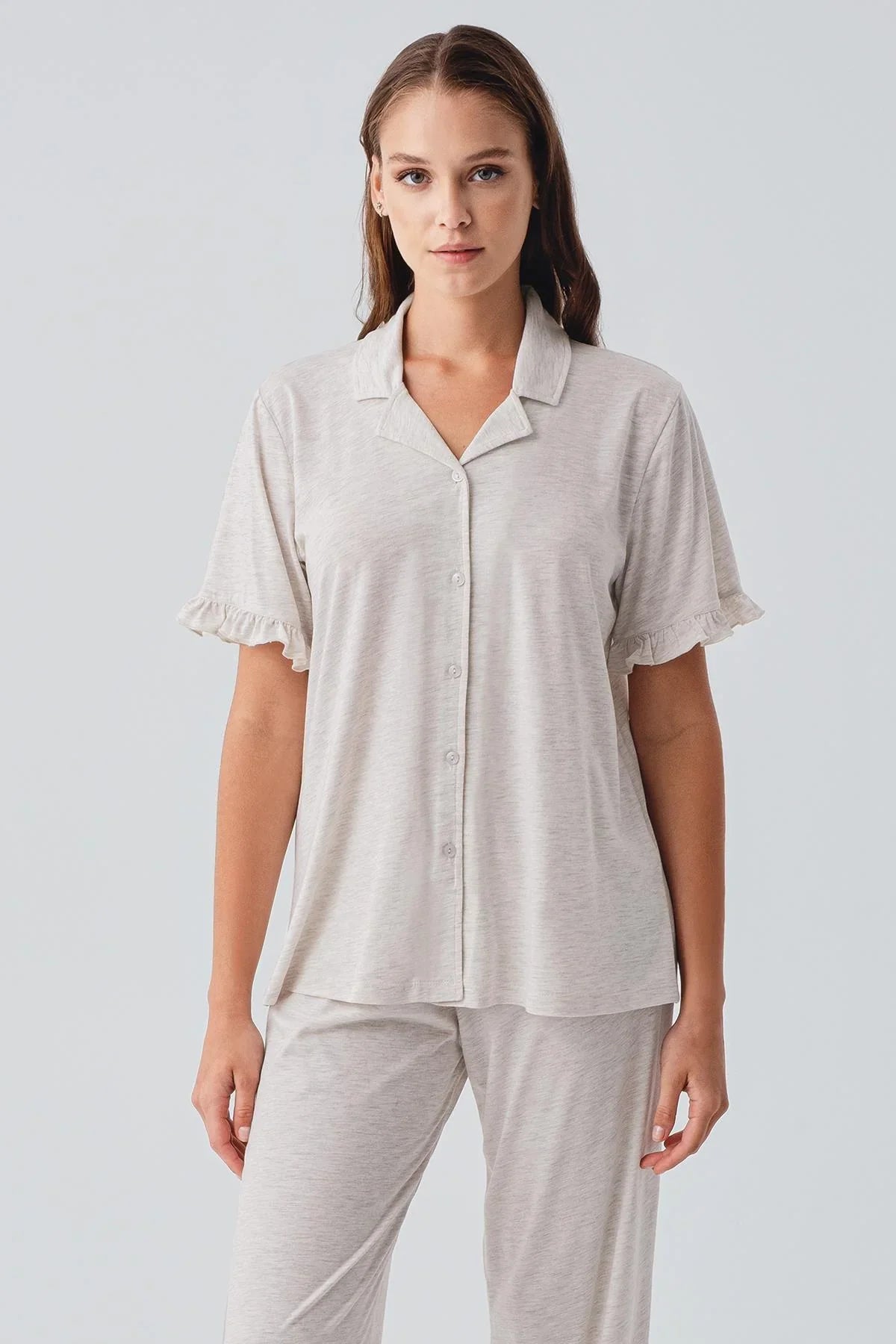Kısa Kollu Düğmeli Fırfırlı Pamuklu Pijama Takım 19219 - Artış Collection