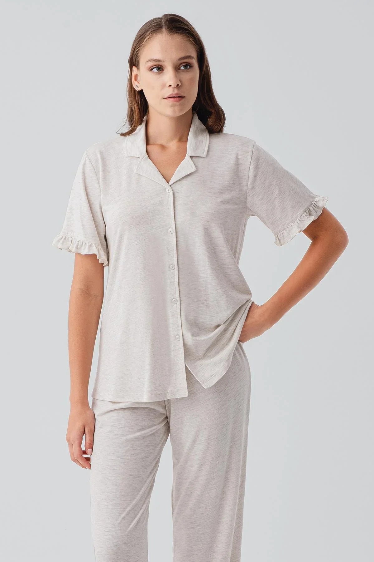 Kısa Kollu Düğmeli Fırfırlı Pamuklu Pijama Takım 19219 - Artış Collection