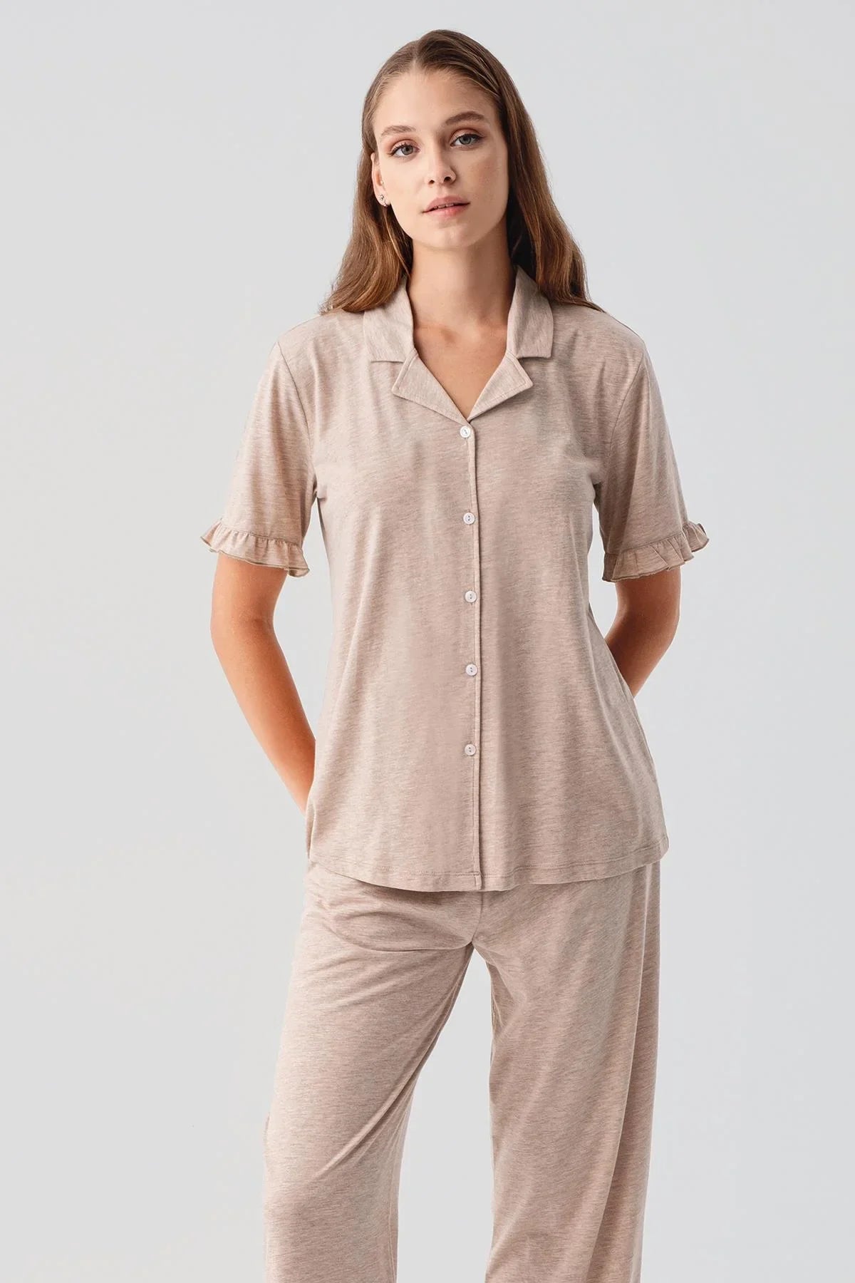Kısa Kollu Düğmeli Fırfırlı Pamuklu Pijama Takım 19219 - Artış Collection