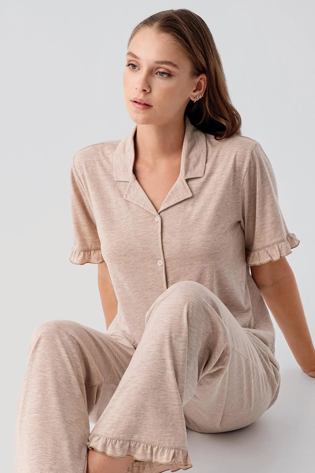 Kısa Kollu Düğmeli Fırfırlı Pamuklu Pijama Takım 19219 - Artış Collection