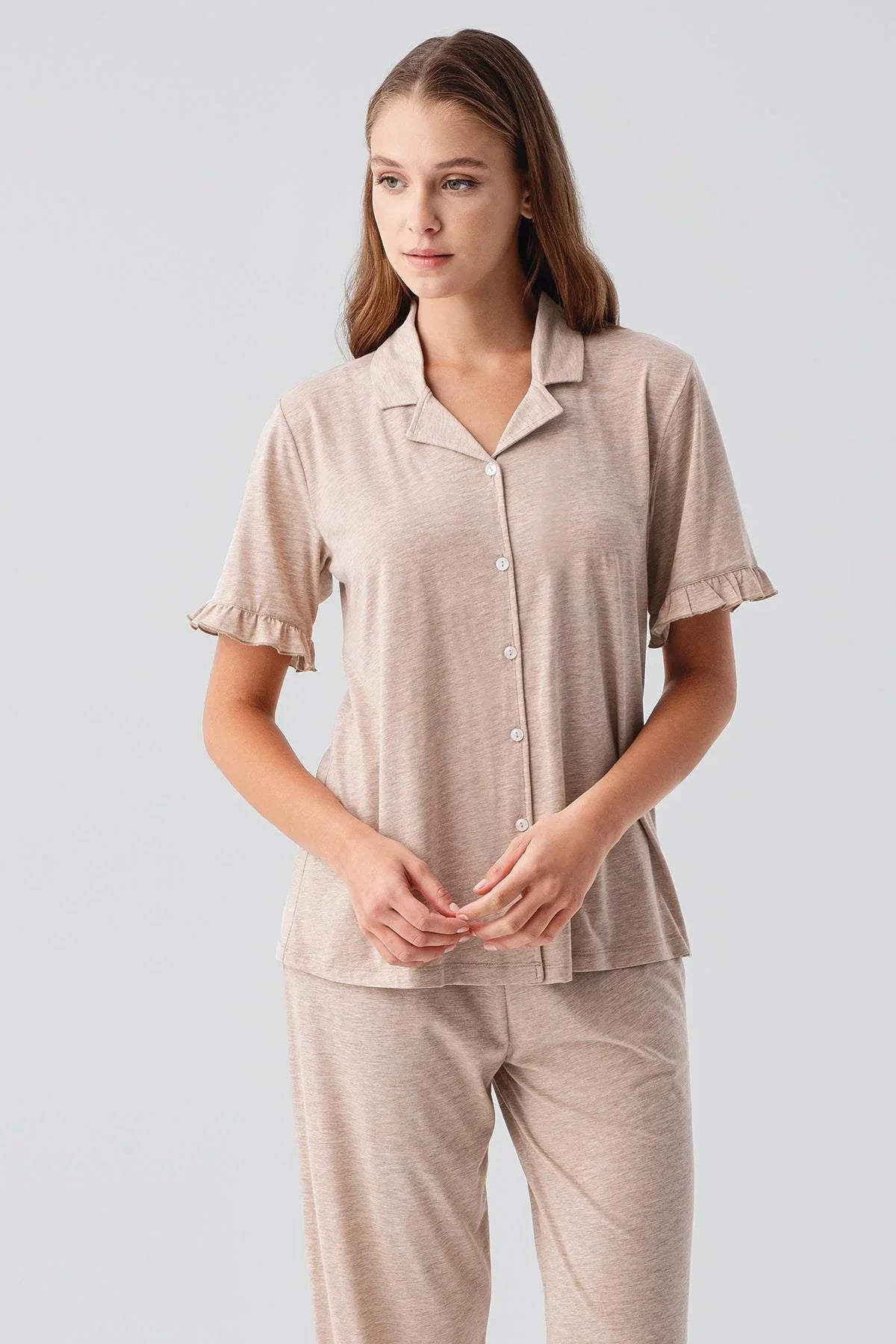 Kısa Kollu Düğmeli Fırfırlı Pamuklu Pijama Takım 19219 - Artış Collection
