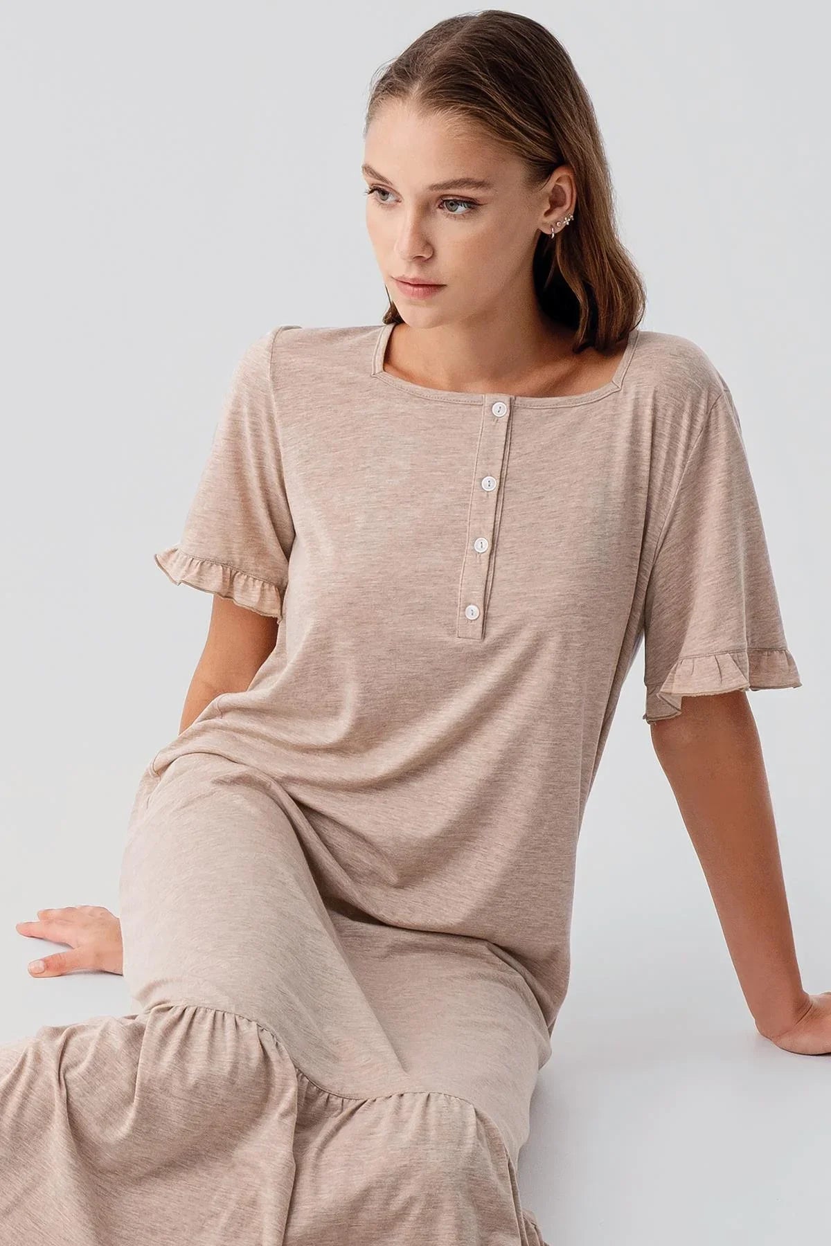 Short-Sleeved Buttoned Ruffled Cotton Long Nightgown 19117