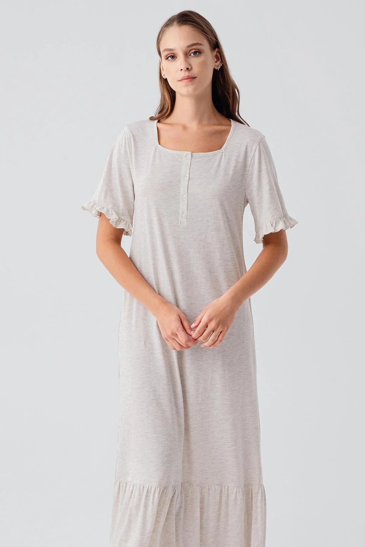 Short-Sleeved Buttoned Ruffled Cotton Long Nightgown 19117