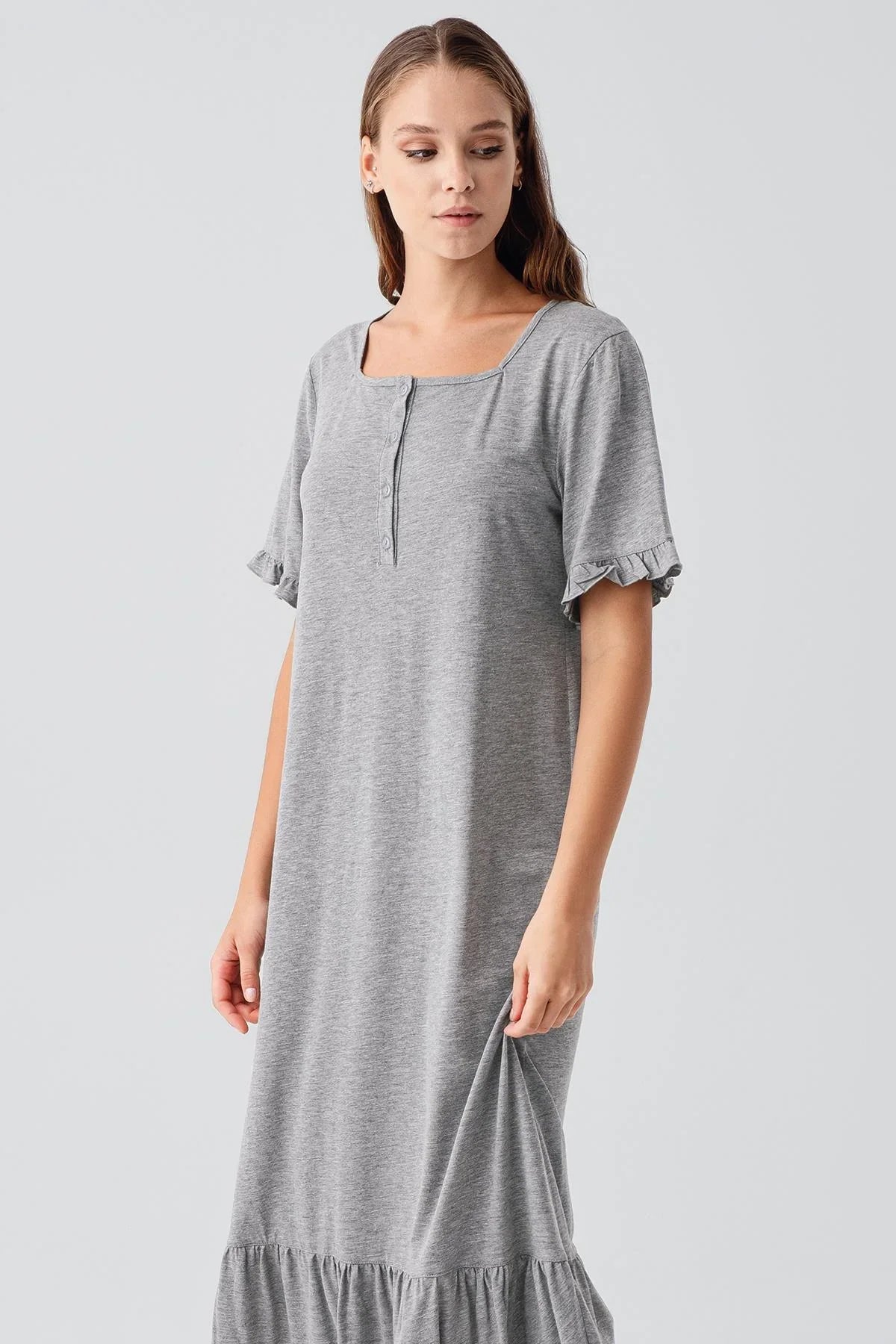 Short-Sleeved Buttoned Ruffled Cotton Long Nightgown 19117