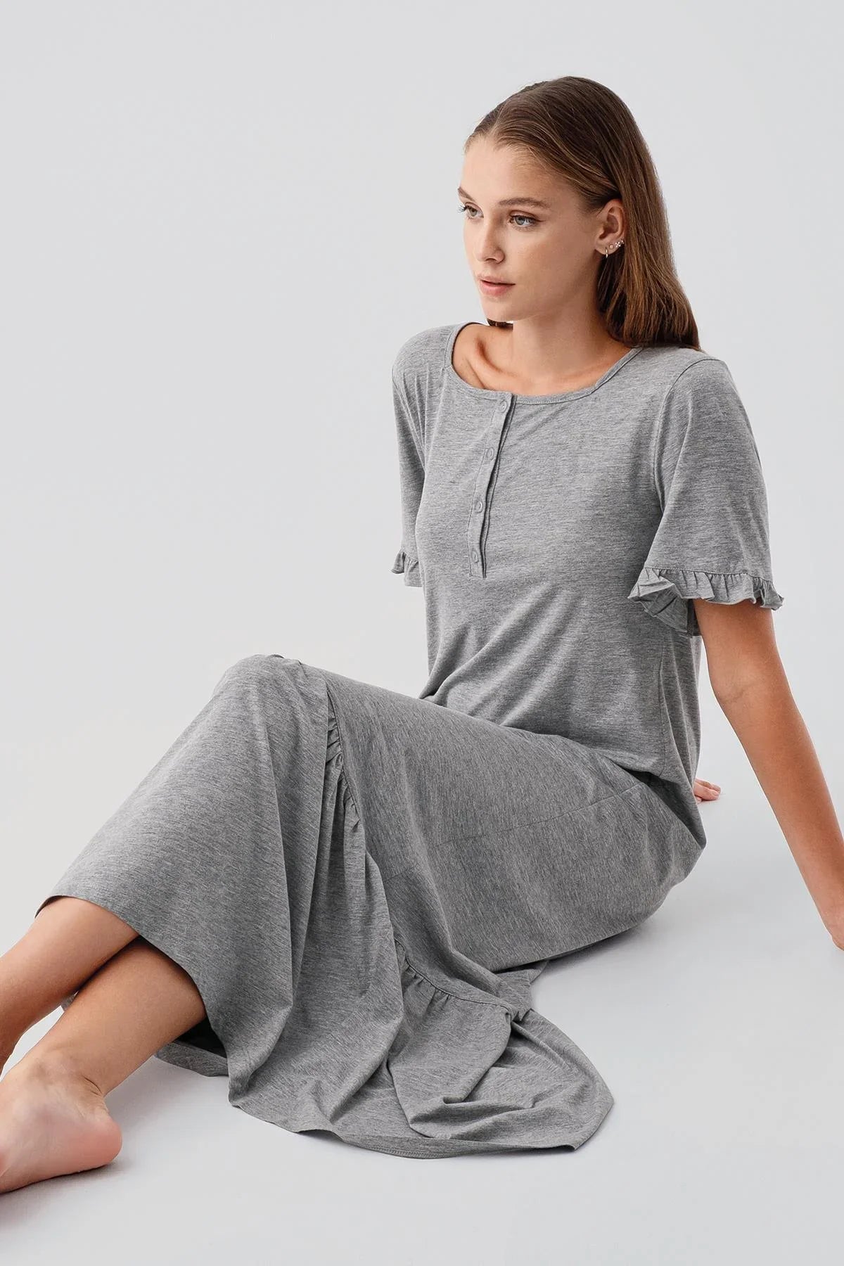 Short-Sleeved Buttoned Ruffled Cotton Long Nightgown 19117