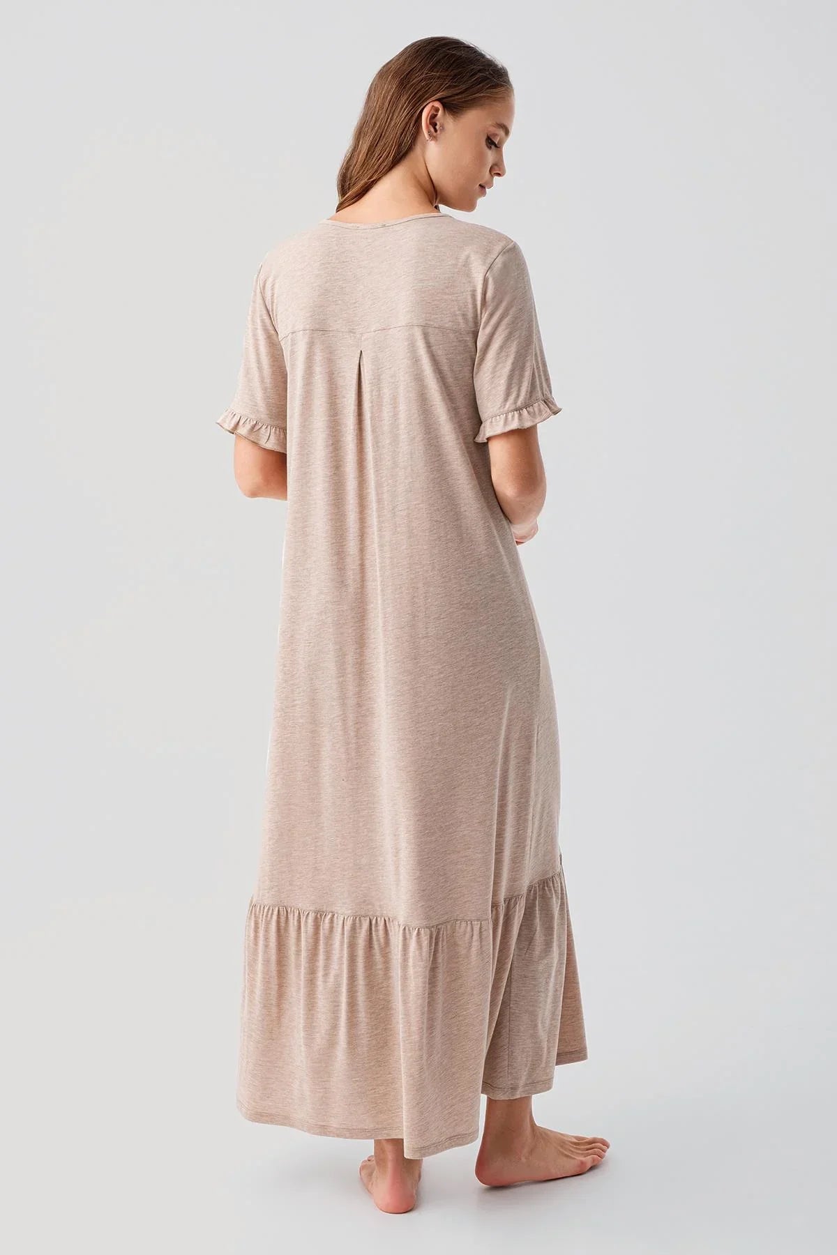 Short-Sleeved Buttoned Ruffled Cotton Long Nightgown 19117