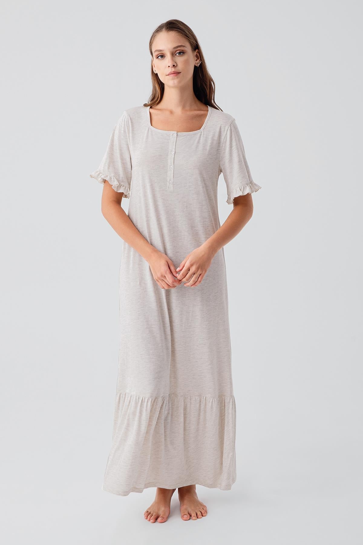Kısa Kollu Düğmeli Fırfırlı Pamuklu Uzun Gecelik 19117