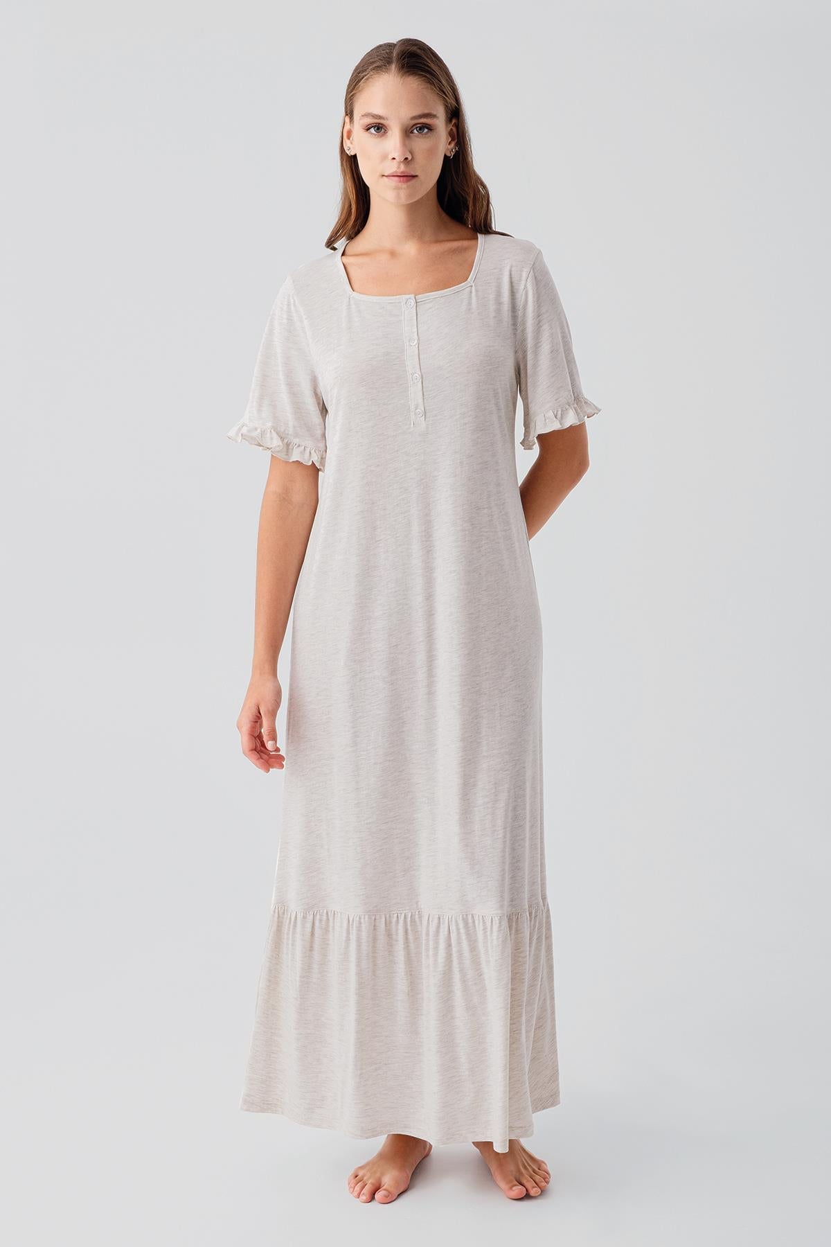 Kısa Kollu Düğmeli Fırfırlı Pamuklu Uzun Gecelik 19117