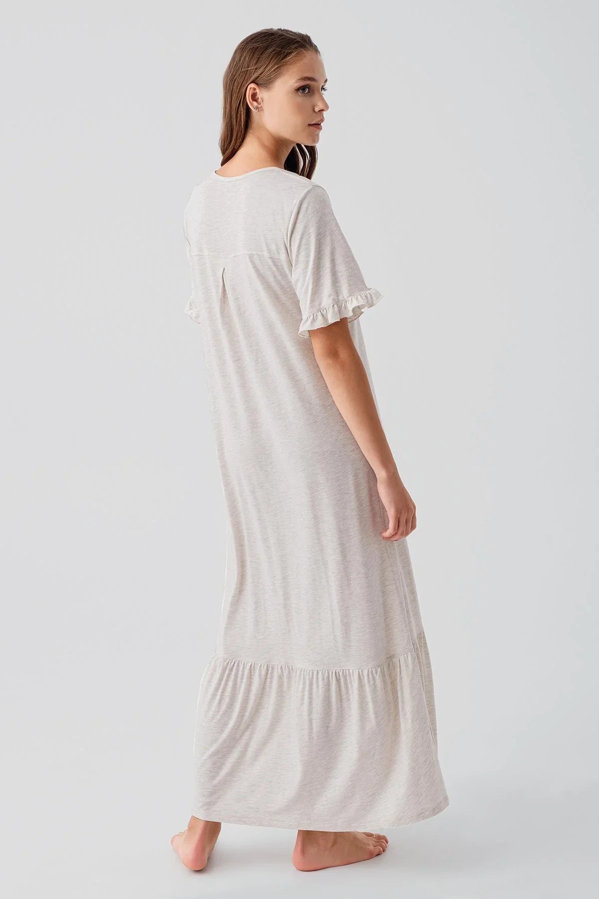 Short-Sleeved Buttoned Ruffled Cotton Long Nightgown 19117