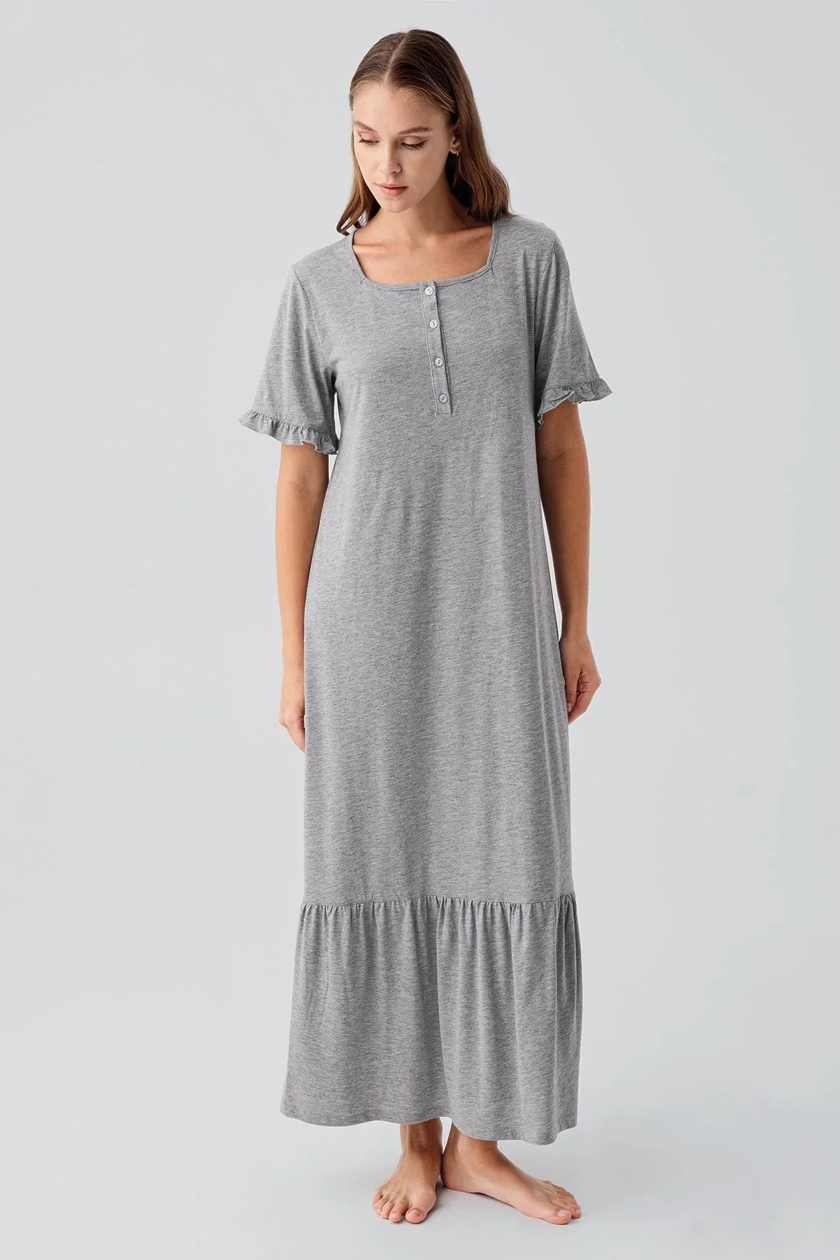 Short-Sleeved Buttoned Ruffled Cotton Long Nightgown 19117