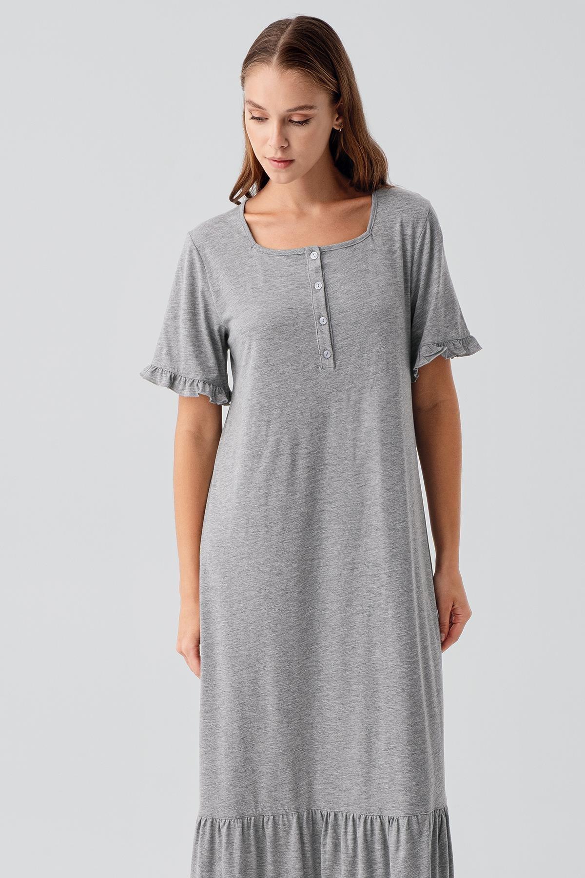 Short-Sleeved Buttoned Ruffled Cotton Long Nightgown 19117