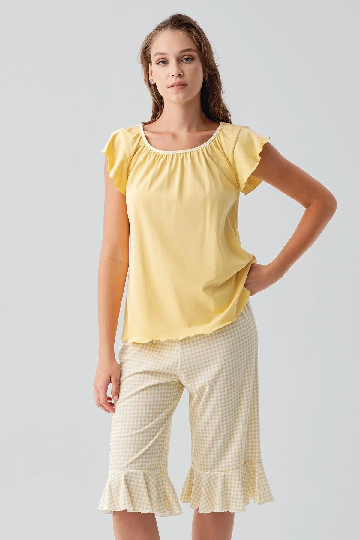 Short-sleeved, gingham pattern, stretchy cotton pajama set 19200