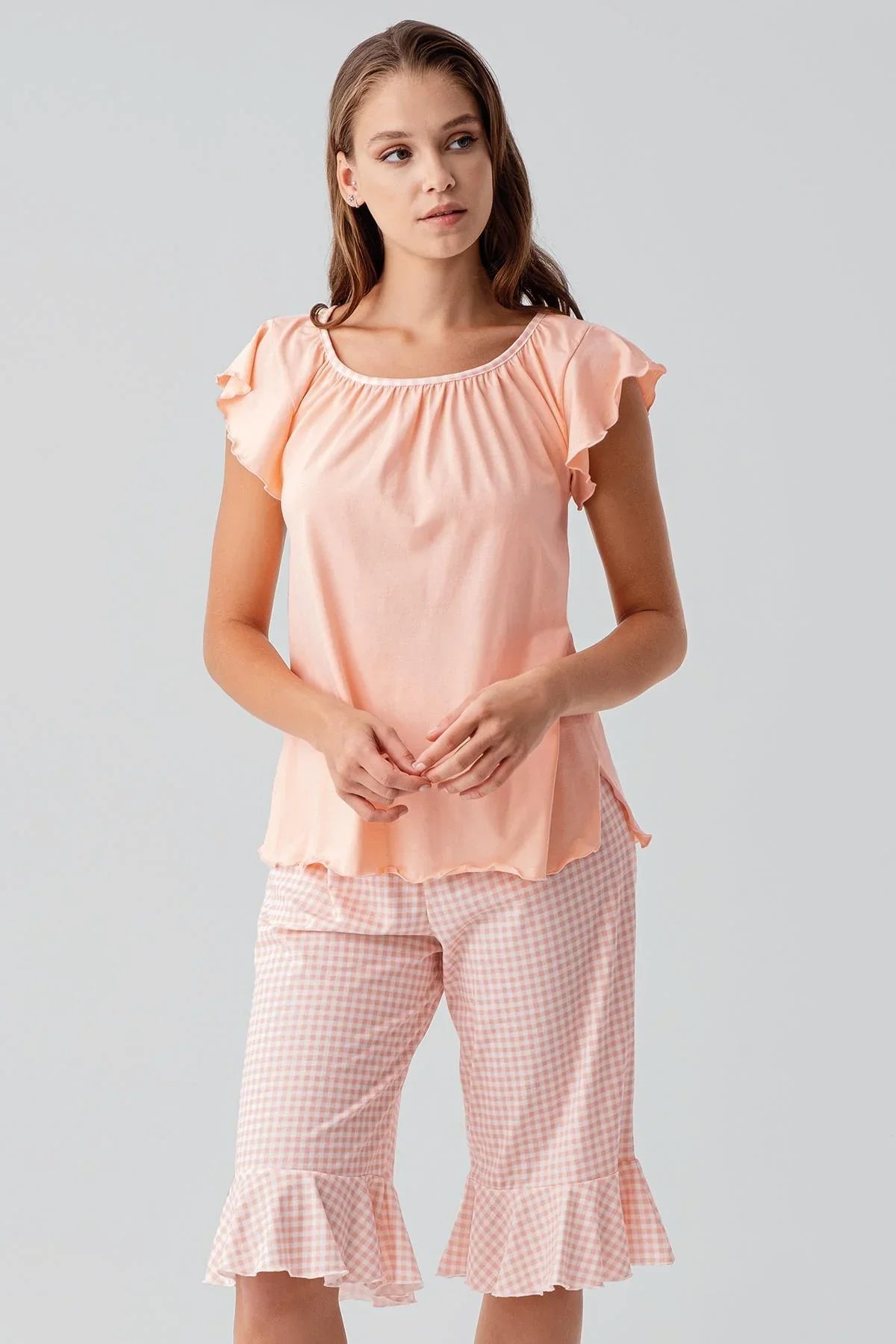 Short-sleeved, gingham pattern, stretchy cotton pajama set 19200