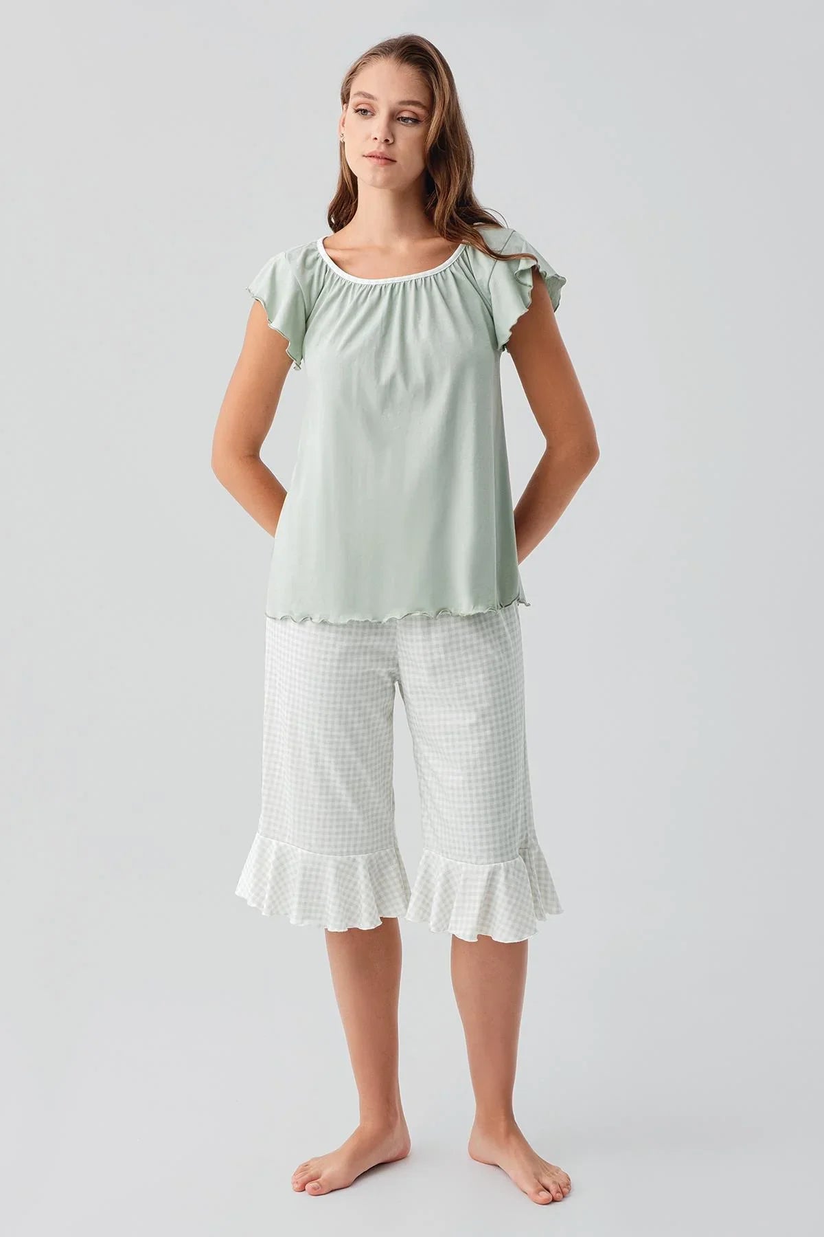 Short-sleeved, gingham pattern, stretchy cotton pajama set 19200
