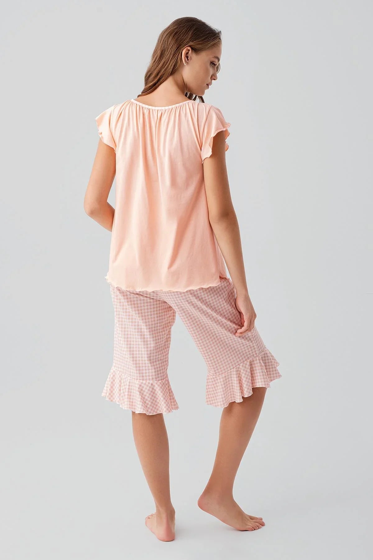 Short-sleeved, gingham pattern, stretchy cotton pajama set 19200