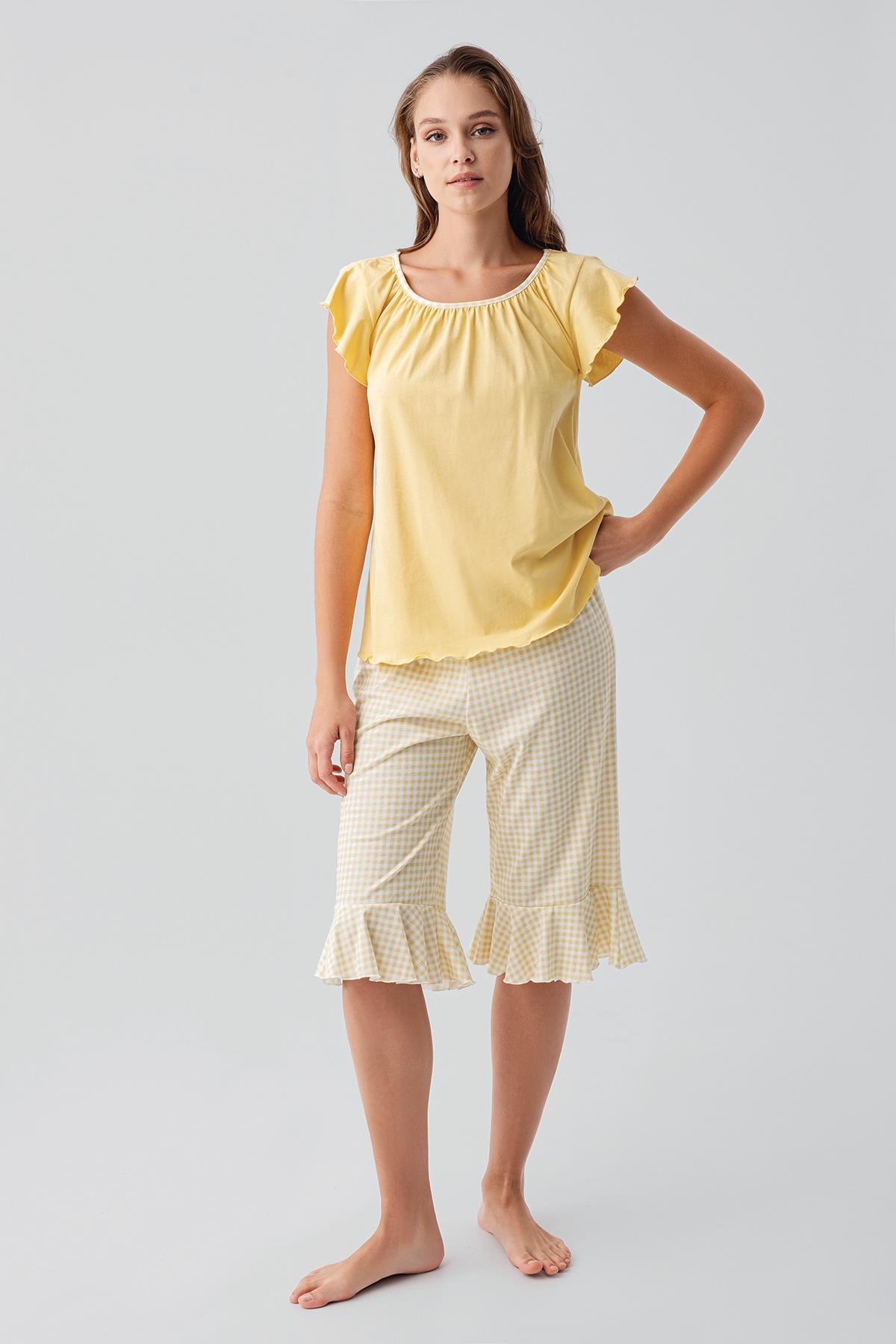 Kısa Kollu Pötikare Desenli Esnek Pamuklu Pijama Takım 19200 - Artış Collection