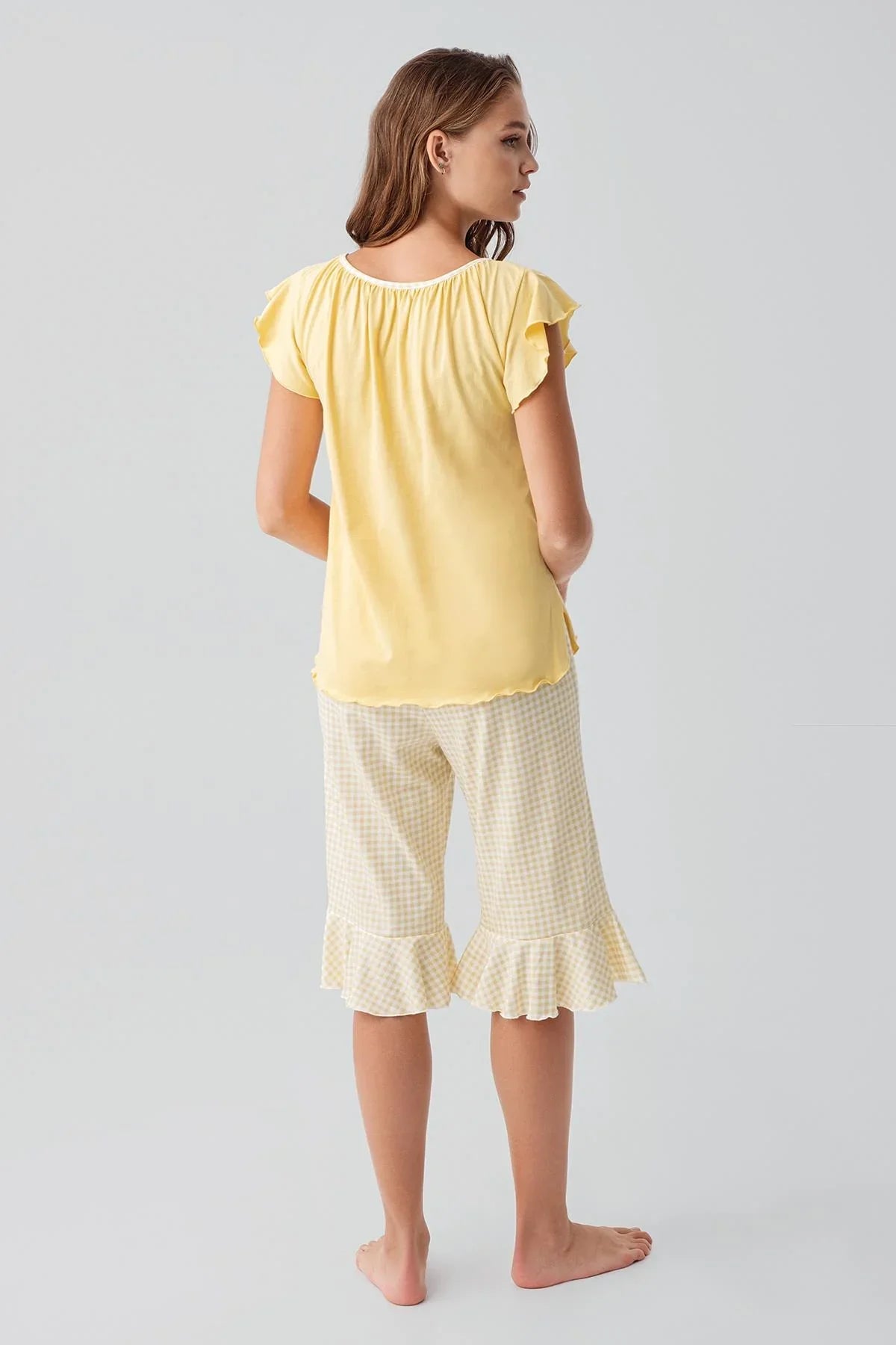 Short-sleeved, gingham pattern, stretchy cotton pajama set 19200
