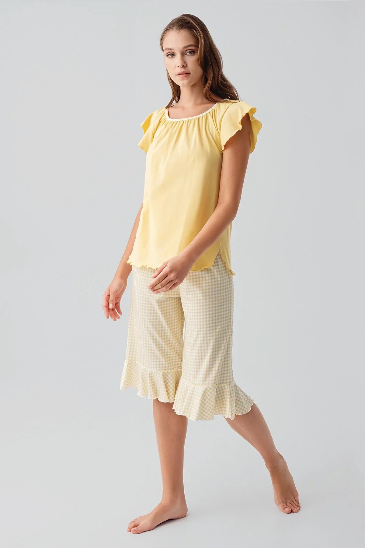 Short-sleeved, gingham pattern, stretchy cotton pajama set 19200