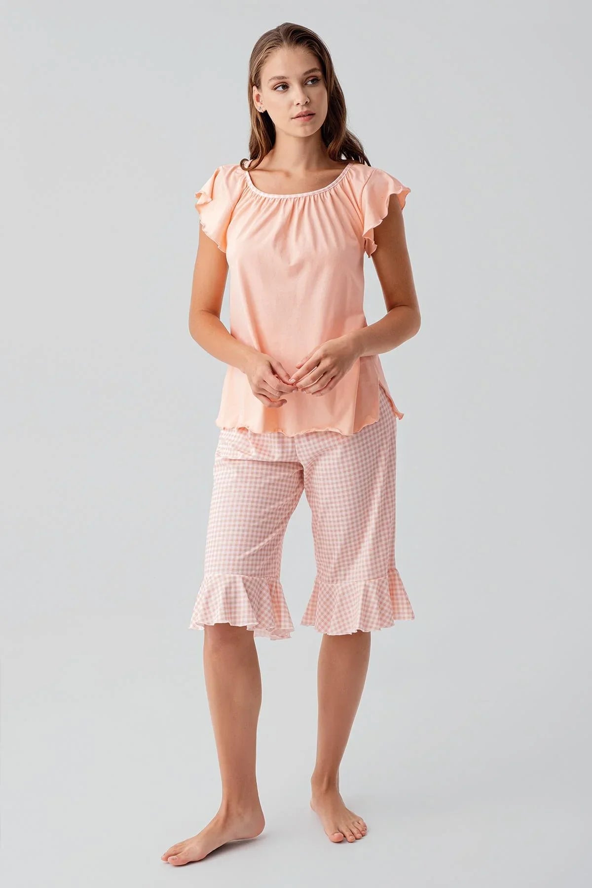 Short-sleeved, gingham pattern, stretchy cotton pajama set 19200