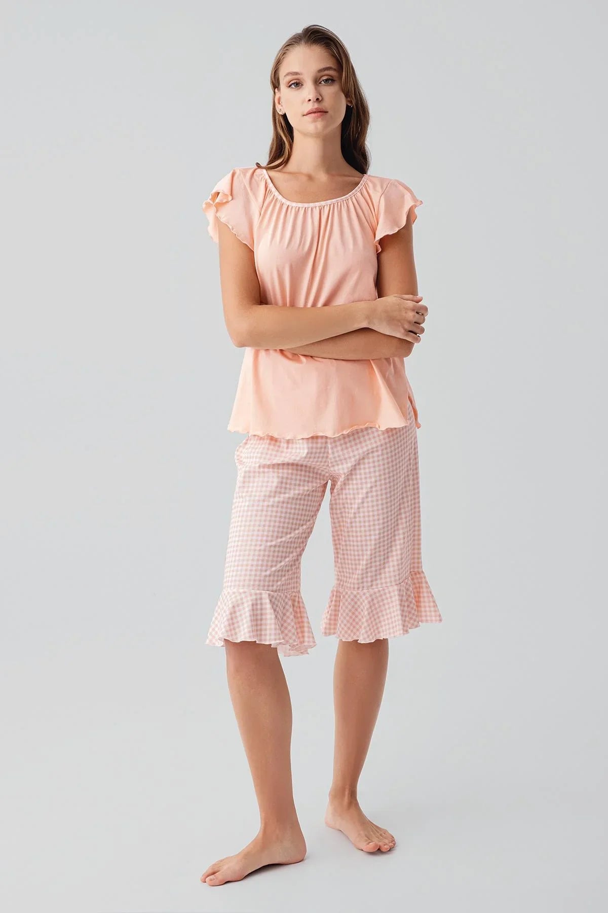 Short-sleeved, gingham pattern, stretchy cotton pajama set 19200