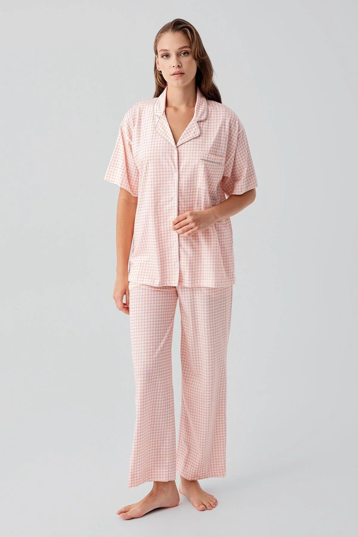 Kısa Kollu Düğmeli Cepli Pötikare Pamuklu Pijama Takım 19201 - Artış Collection