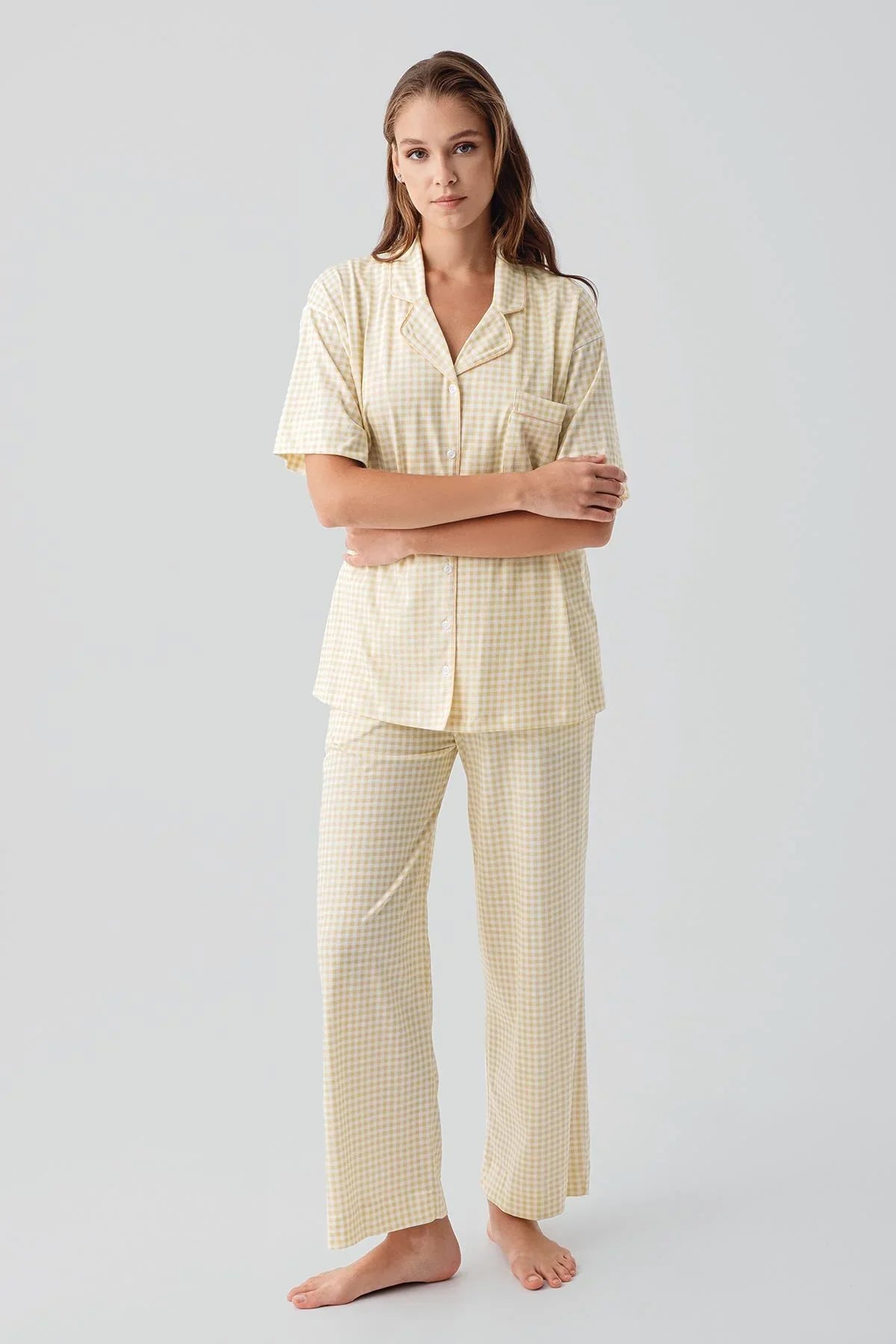 Kısa Kollu Düğmeli Cepli Pötikare Pamuklu Pijama Takım 19201 - Artış Collection