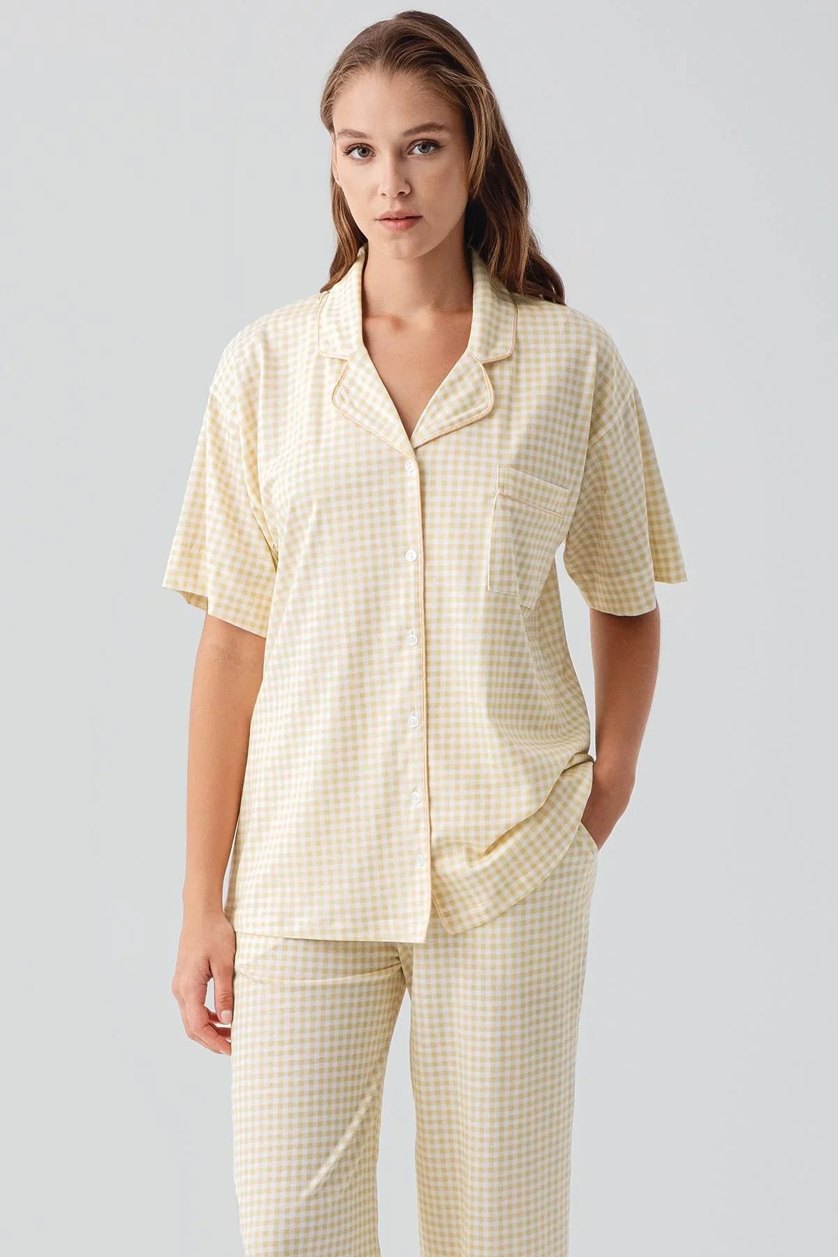 Kısa Kollu Düğmeli Cepli Pötikare Pamuklu Pijama Takım 19201 - Artış Collection