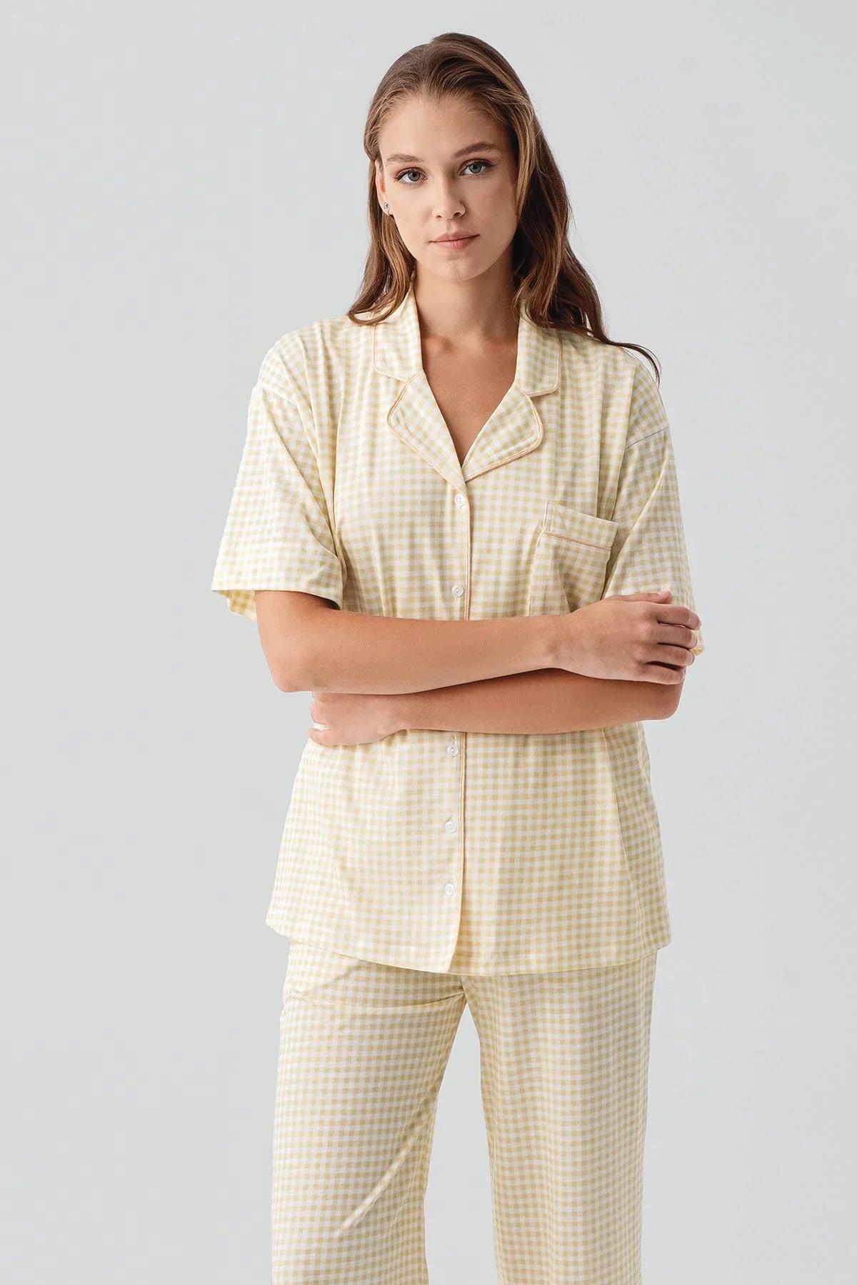 Kısa Kollu Düğmeli Cepli Pötikare Pamuklu Pijama Takım 19201 - Artış Collection