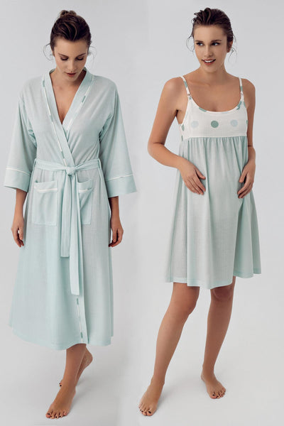 Polka Dot Strap Flexible Viscose Maternity Dressing Gown Nightgown Set 16401