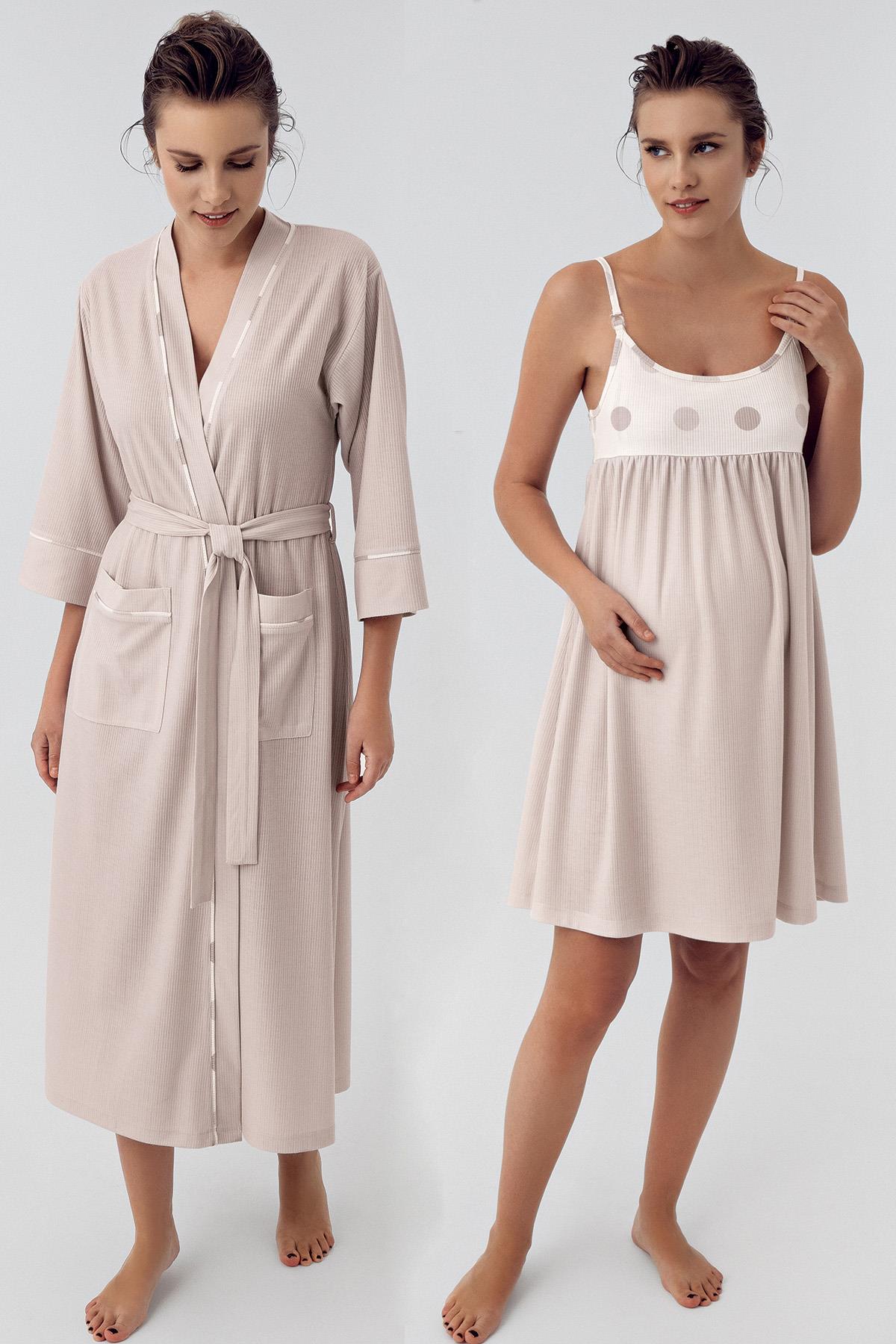 Polka Dot Strap Flexible Viscose Maternity Dressing Gown Nightgown Set 16401